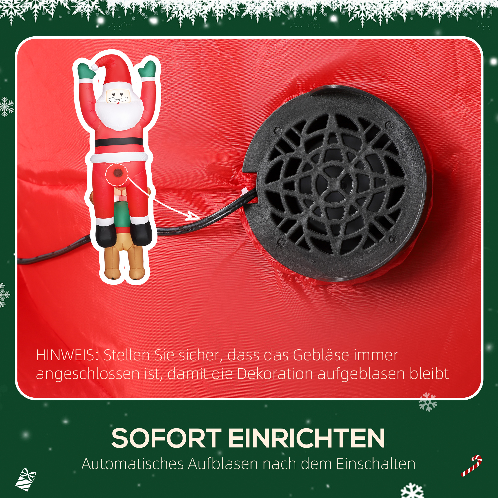 Aufblasbare Weihnachtsdeko, Aufblasbarer Weihnachtsmann mit Hund mit LED-Lichtern, 68x82x214 cm, Rot