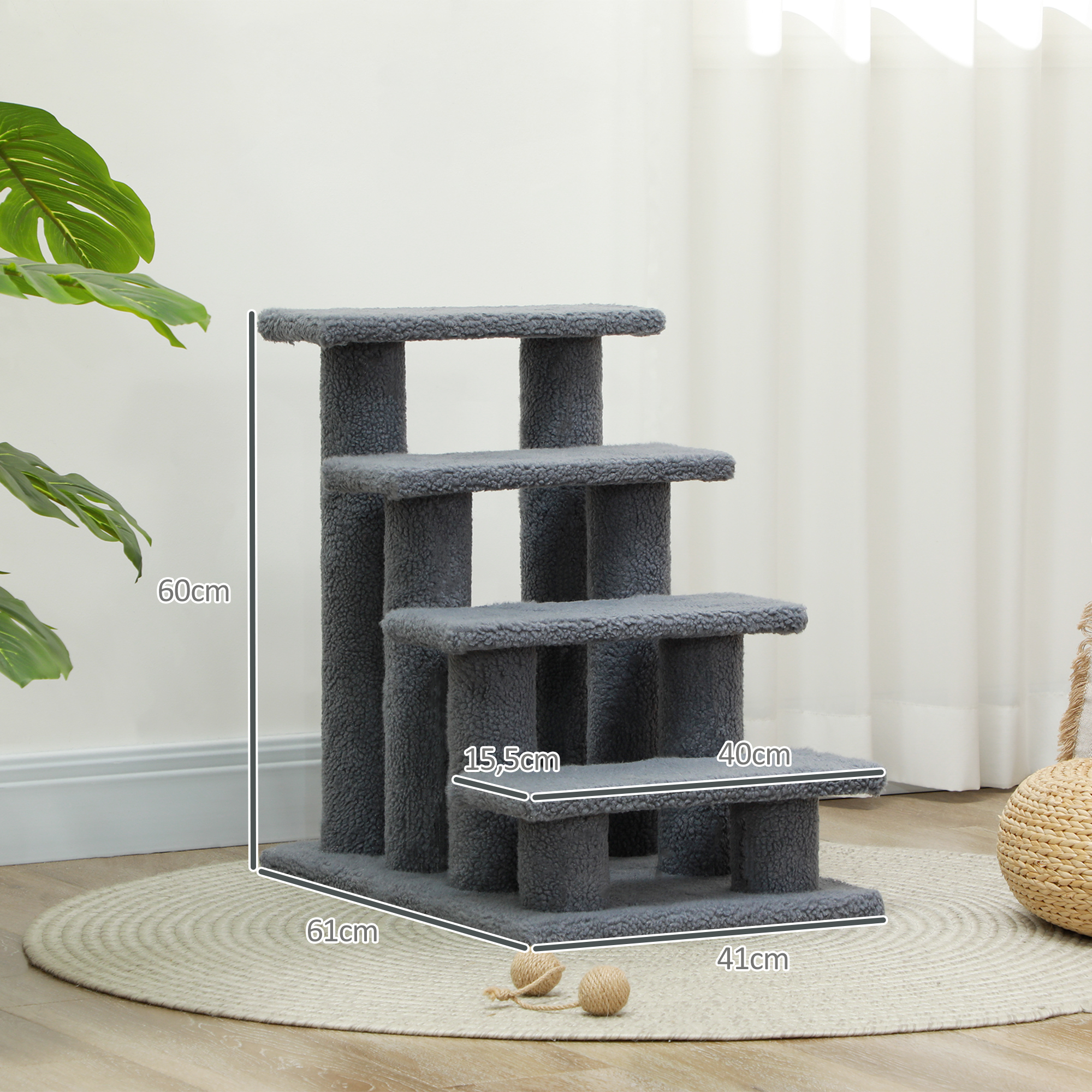 Tiertreppe Katzentreppe Hundetreppe Treppe für Katze und Hunde 4 Stufen Grau 63,5x43x60cm