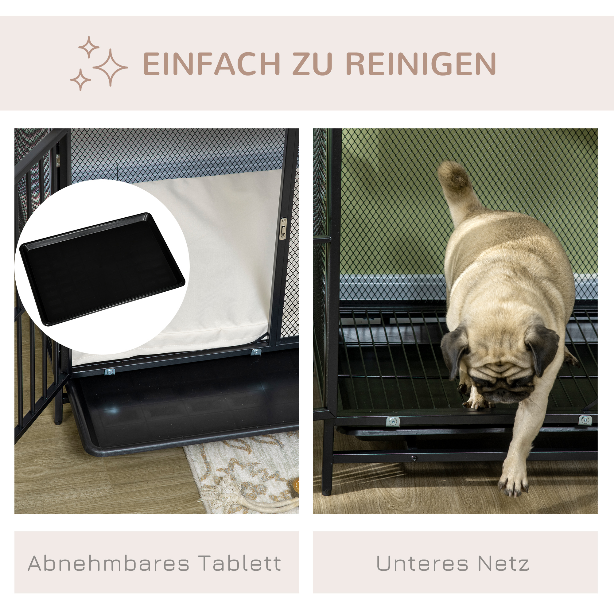 Hundekäfig, Hundebox, wasserabweisende Matte, herausnehmbare Bodenwanne, verriegelbar, Schwarz, 80 x 55 x 71 cm