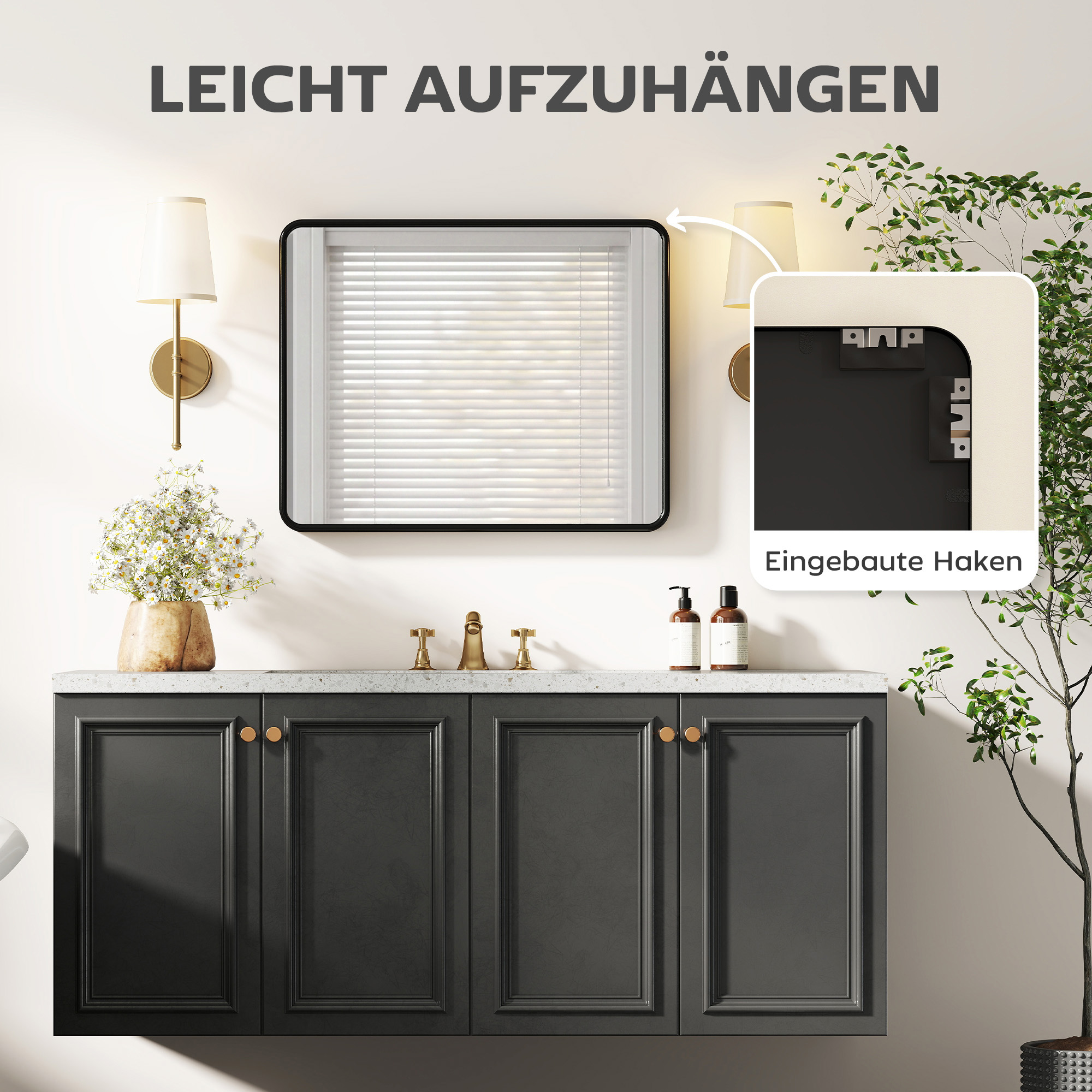 Wandspiegel 50 x 40 cm Dekorativer Hängespiegel mit Metallrahmen für Schlafzimmer Badezimmer Wohnzimmer Schwarz