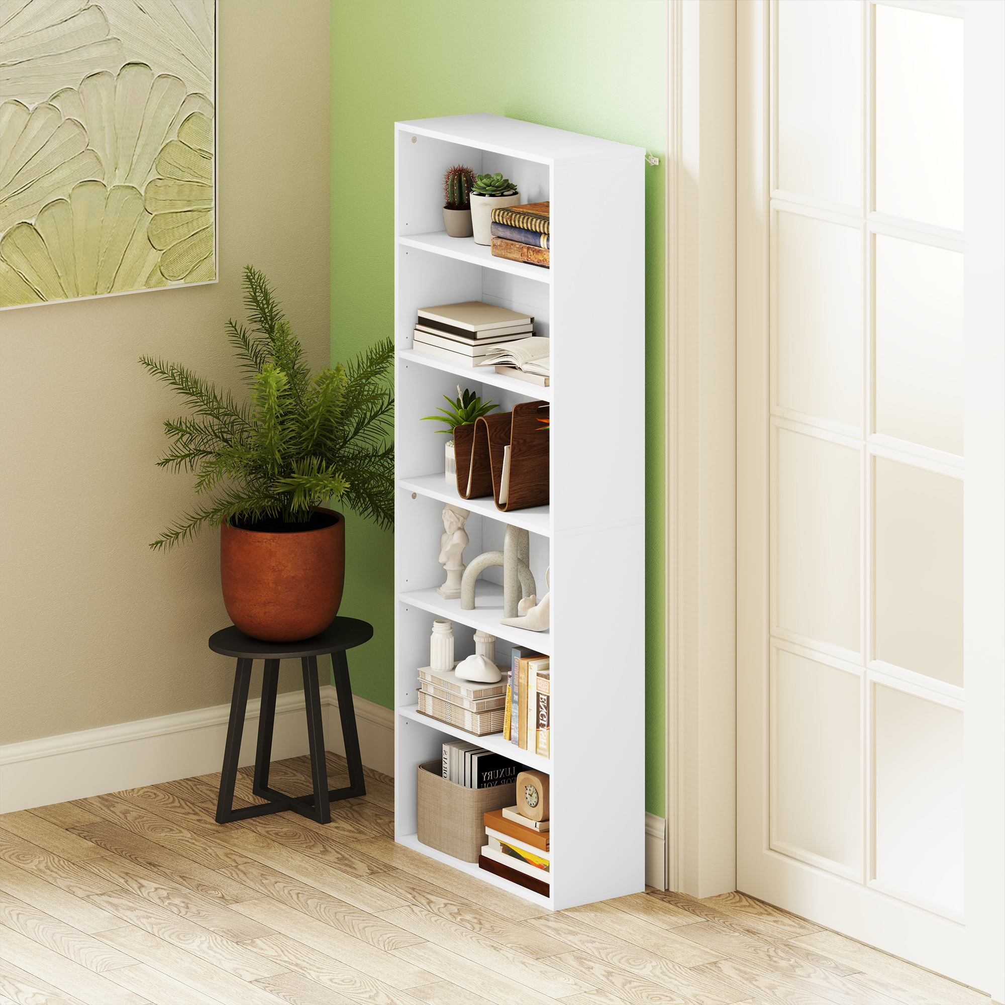 Bücherregal, 6 Fächer, verstellbare Regale, Spanplatte, 60 x 24 x 158,5 cm, Weiß