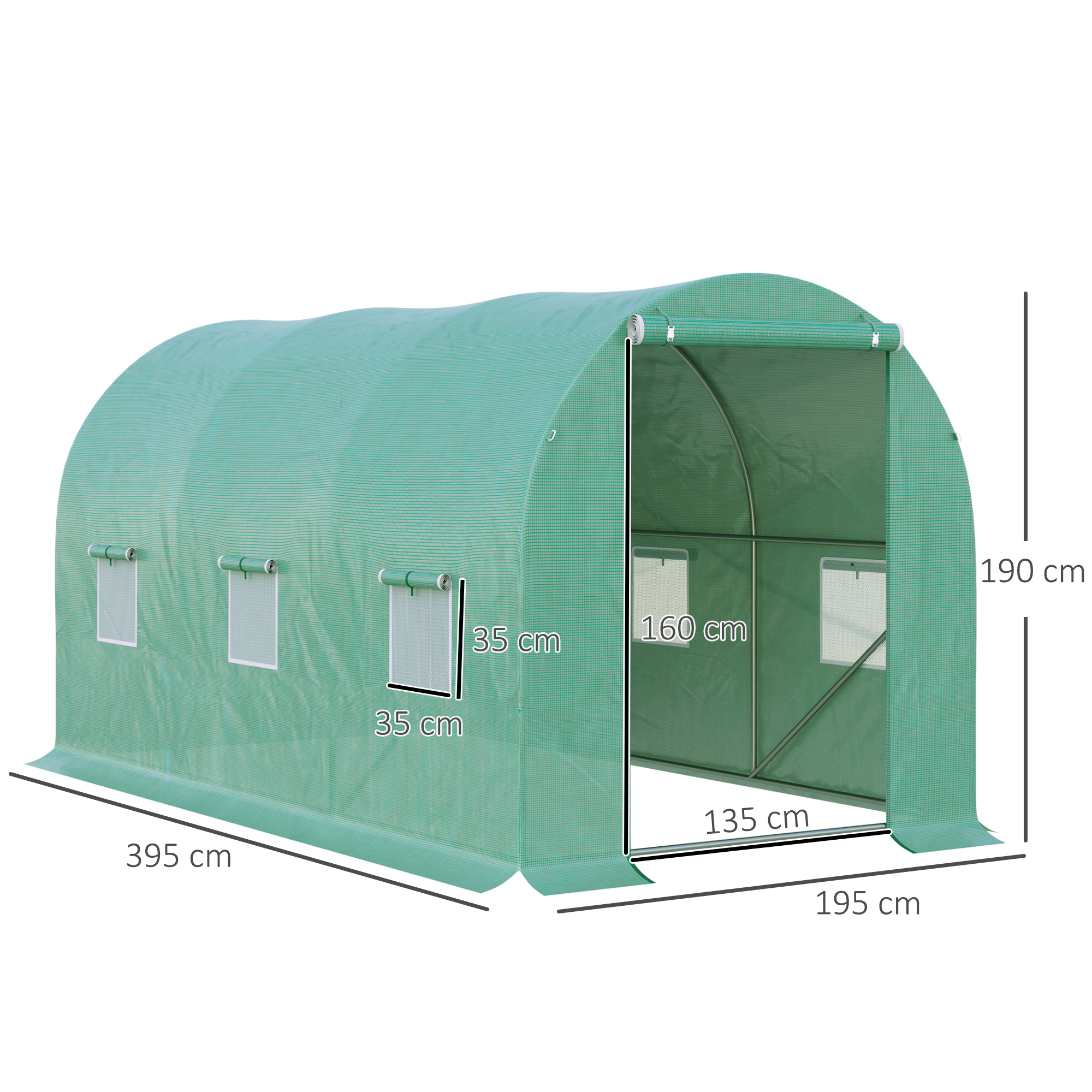 Rundbogen-Gewächshaus, 6 Netzfenster, transparente Folie, Metallrahmen, 3,95 x 1,95 x 1,90m, Grün