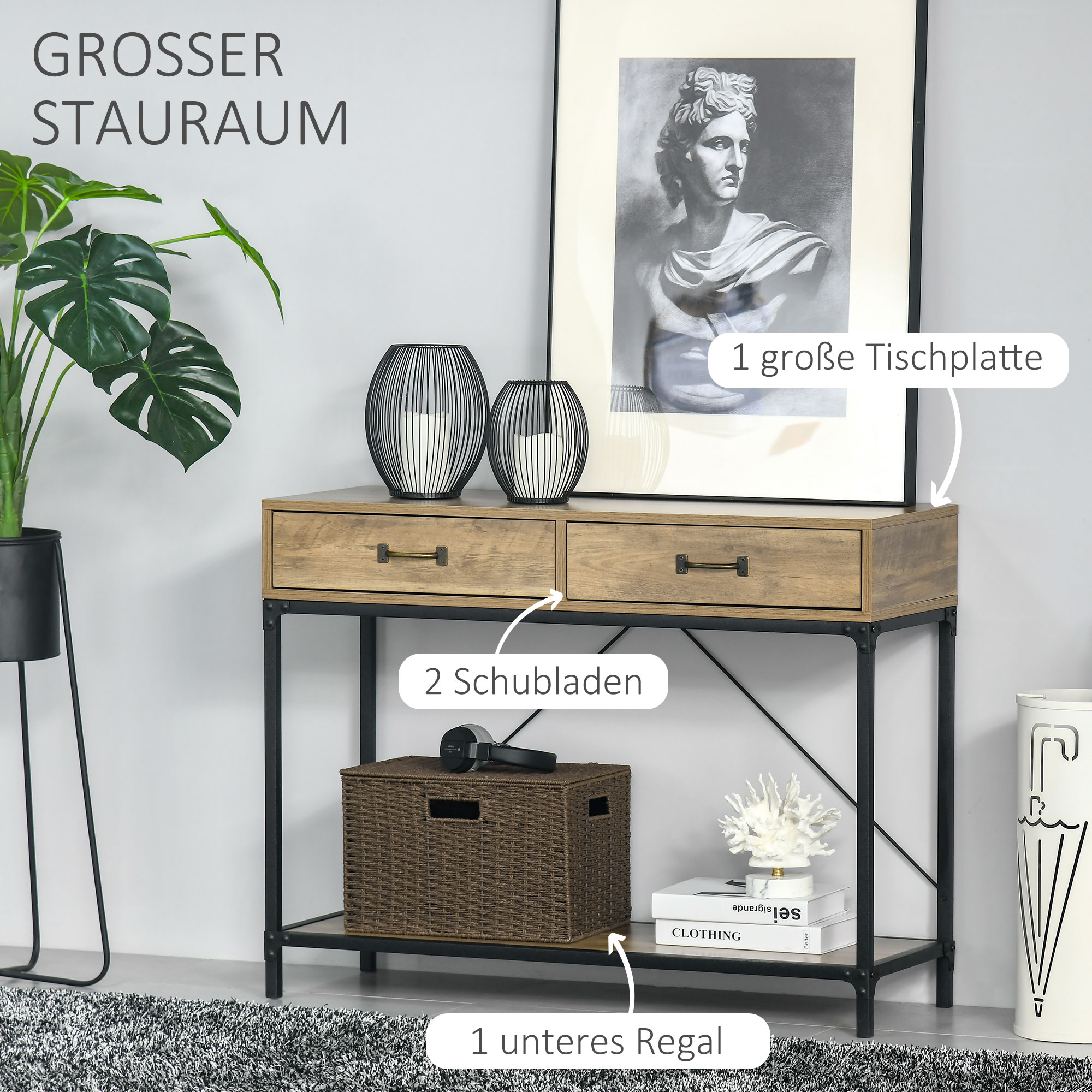 Konsolentisch Flurtisch mit Ablage und 2 Schubladen, 100 x 35 x 76,5 cm Beistelltisch Sofatisch Ausstellungstisch für Kleinen Raum, Eingang, Flur, Wohnzimmer Braun+Schwarz