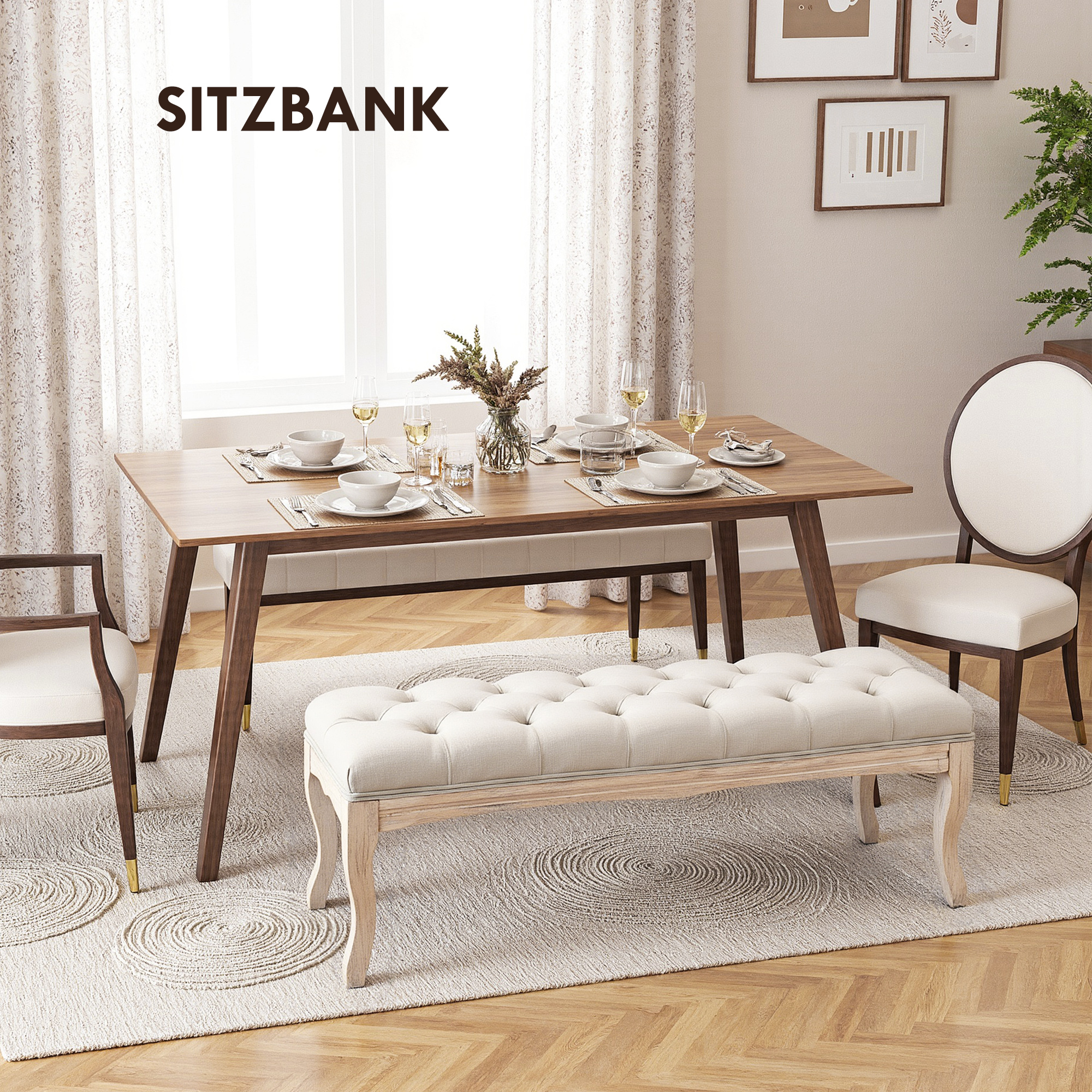 Sitzbank Polsterbank mit Leinen-Bezug Bettbank mit Holzrahmen, Schuhbank für Schlafzimmer, Wohnzimmer, Flur 110 x 40 x 48 cm Beige