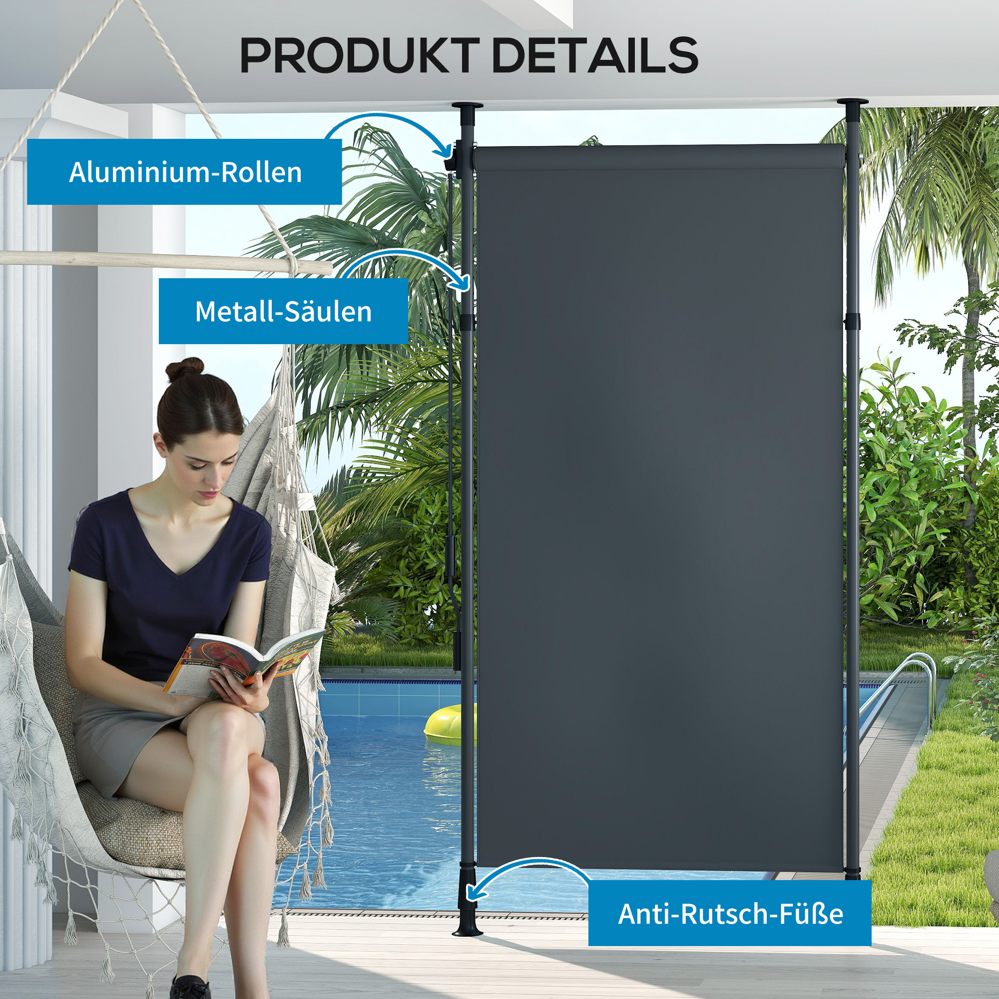 Freistehende Markise, verstellbare Länge, Montage ohne Bohren, Aluminiumrahmen, 1,5 x 2,2-3,1 m, Dunkelgrau