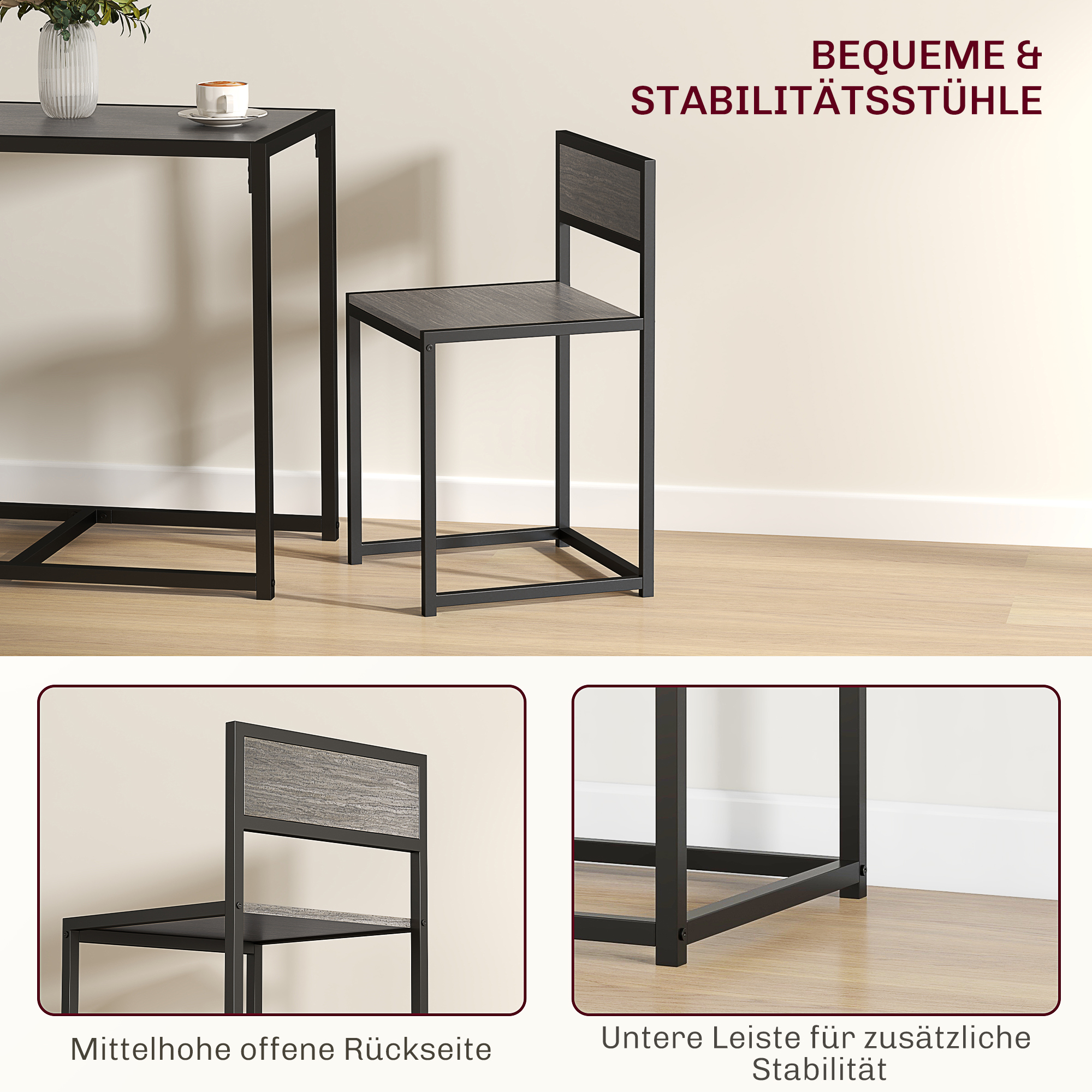3-teiliges Bartisch-Set Hochtisch-Set 3-teilig, 2 Stühle, 1 Tisch, 90 cm x 47 cm x 76  cm, Grau