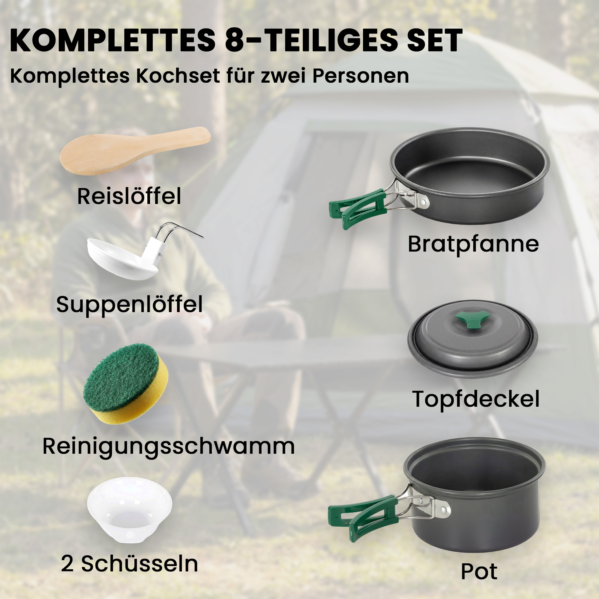 Camping Kochgeschirr Set 8-teiliges Outdoor Geschirr Set mit Anti-Verbrühungsgriffen schnell erhitzend Topf Pfanne Grau