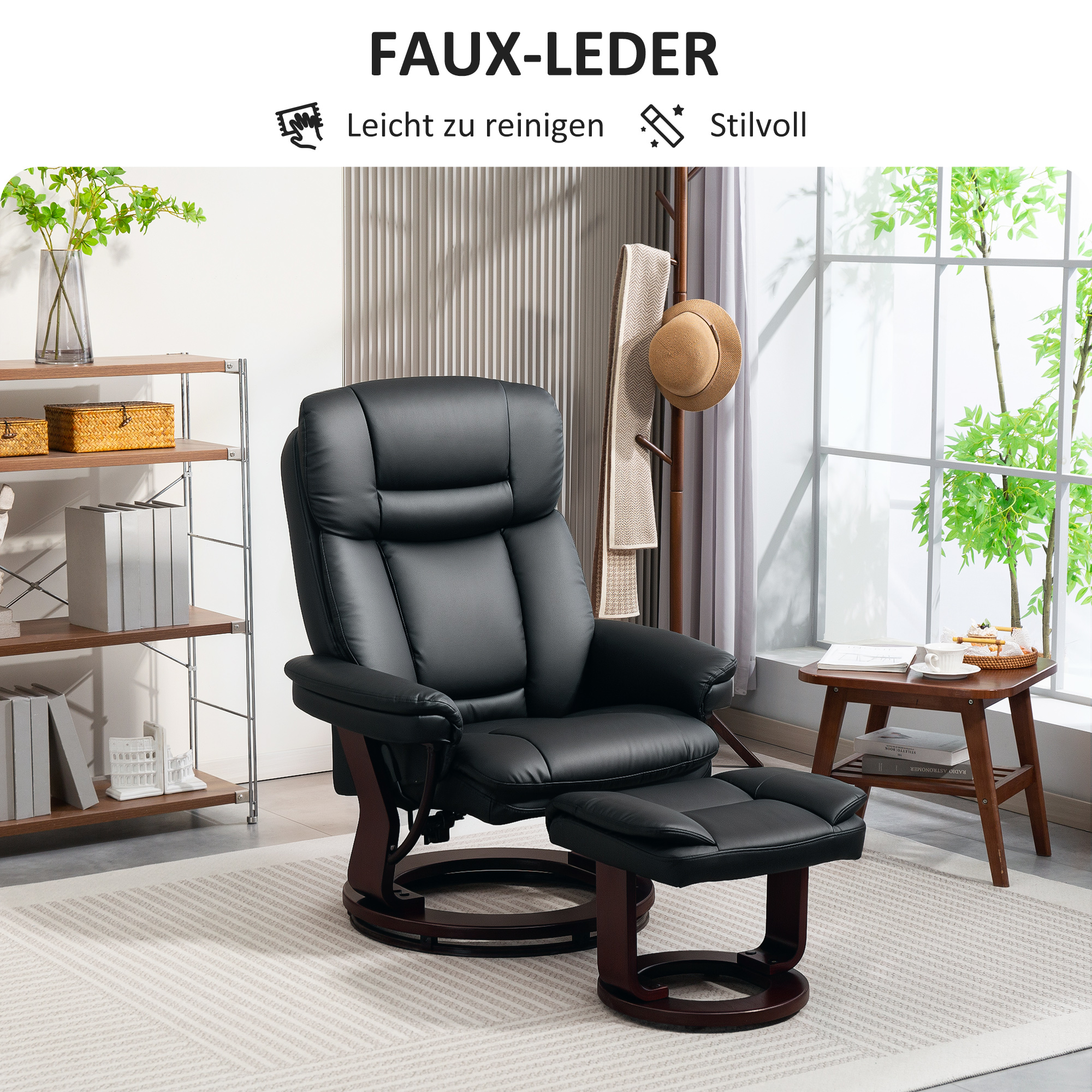 Relaxsessel mit Fußhocker, Verstellbarer Sessel, Kunstleder-Bezug, Polstersessel mit klappbarer Rückenlehne, Schwarz
