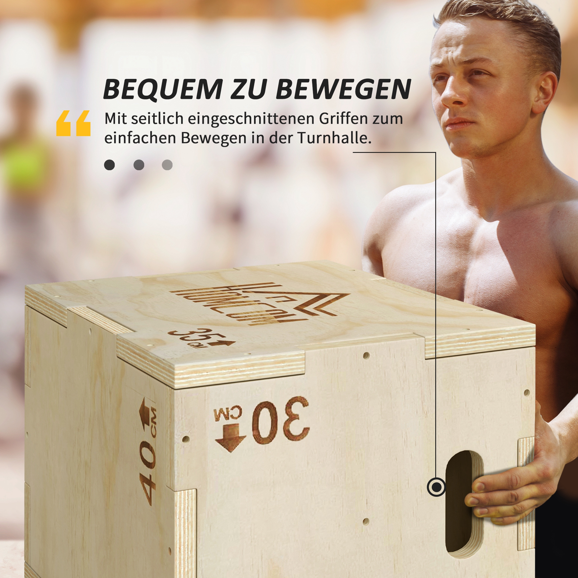 3-in-1 Plyo Box Holz Plyometrische Sprungbox mit 3 Sprunghöhen Griffen 40,5 x 35,5 x 30,5cm Naturholz