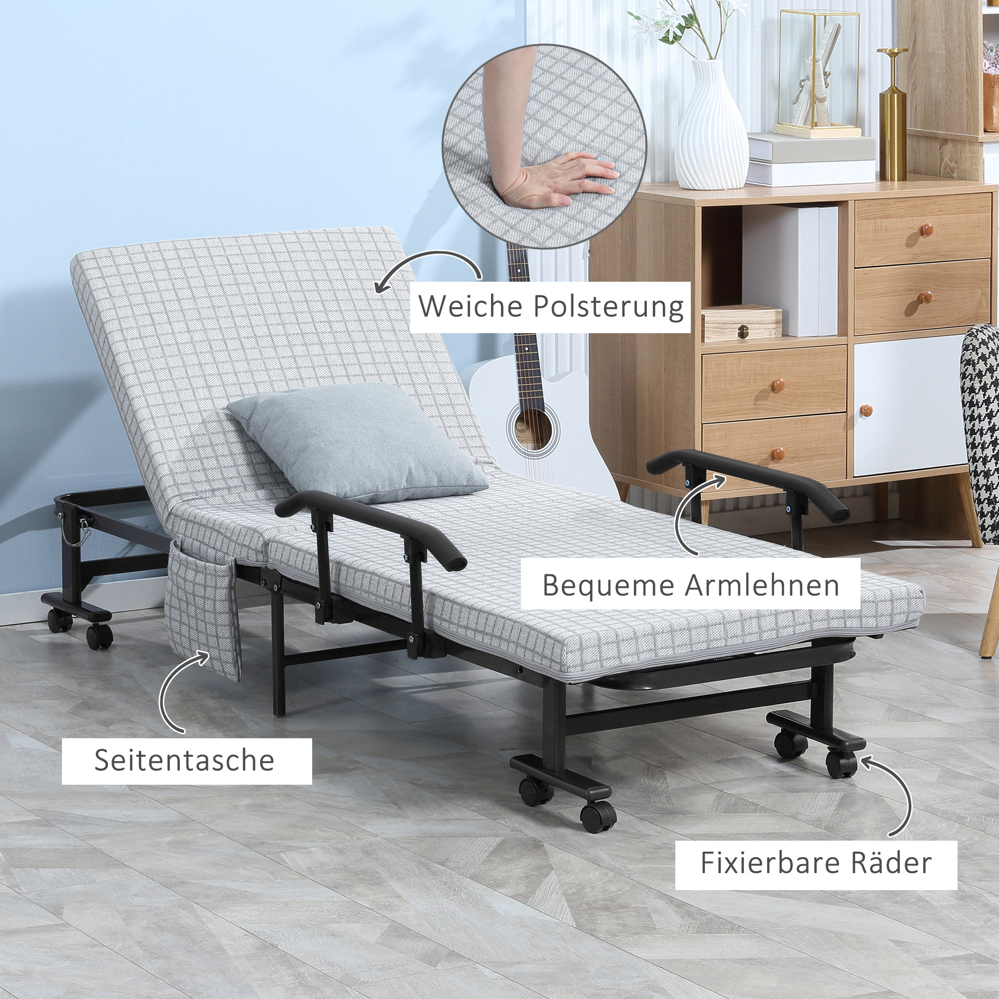 Klappbett, Gästebett, neigbare Rücklehne, Armlehnen, 8 Rollen, Stahlrahmen, hellgrau+schwarz, 190 x 76 x 33cm