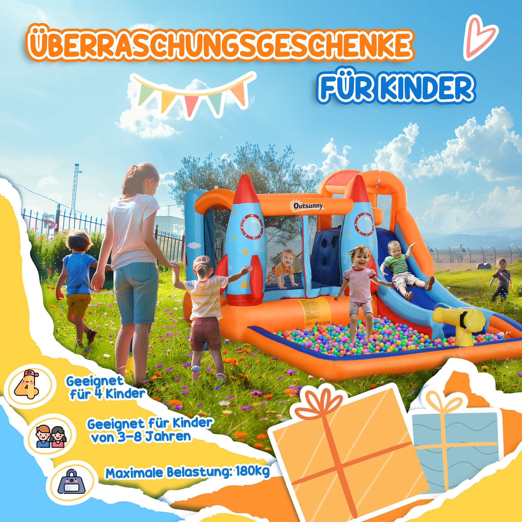 aufblasbare Hüpfburg inkl. Gebläse, Flicken und Befestigungsmaterial, 350 cm x 250 cm x 185 cm, Mehrfarbig