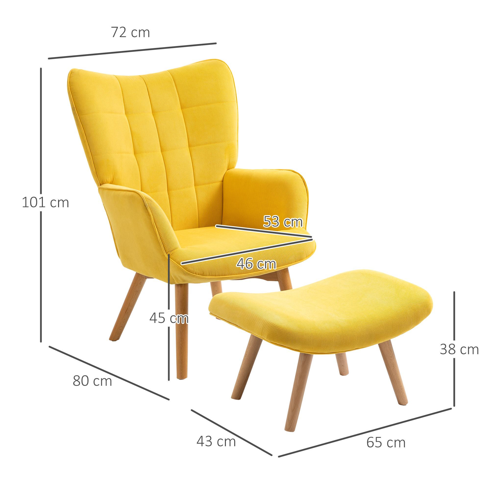 Akzentsessel mit Hocker, Relaxsessel in Cord-Optik, Armlehnstuhl mit Holzbeinen, für Wohnzimmer, Gelb