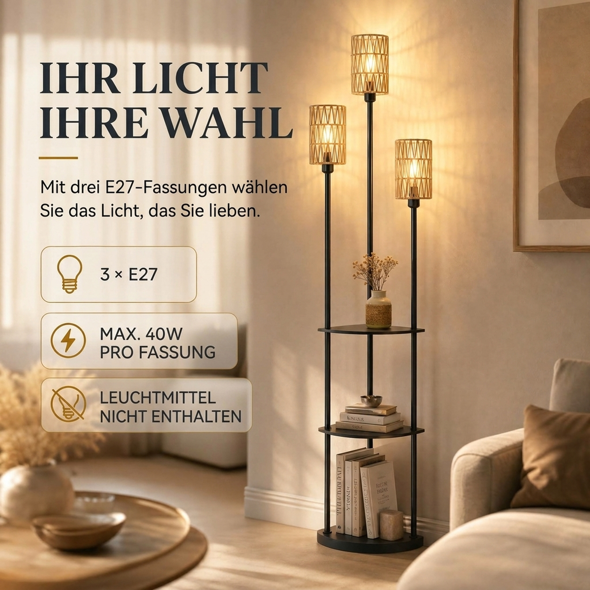 Stehlampe Boho 3-flammig Stehleuchte 3 Ablagen Papierseil-Lampenschirm Schwarz