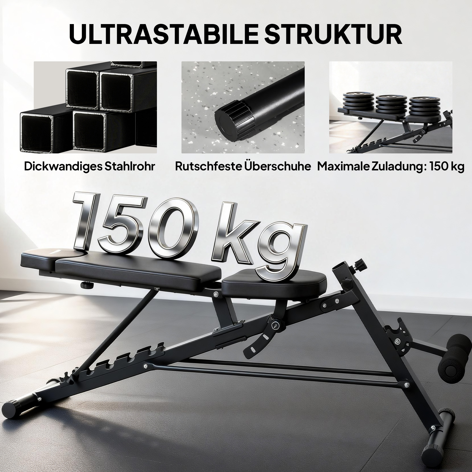 Multifunktionale Hantelbank, Verstellbare Schräg- und Flachbank mit 6-stufiger Rückenlehne, 3-stufigem Sitz, Schwarz