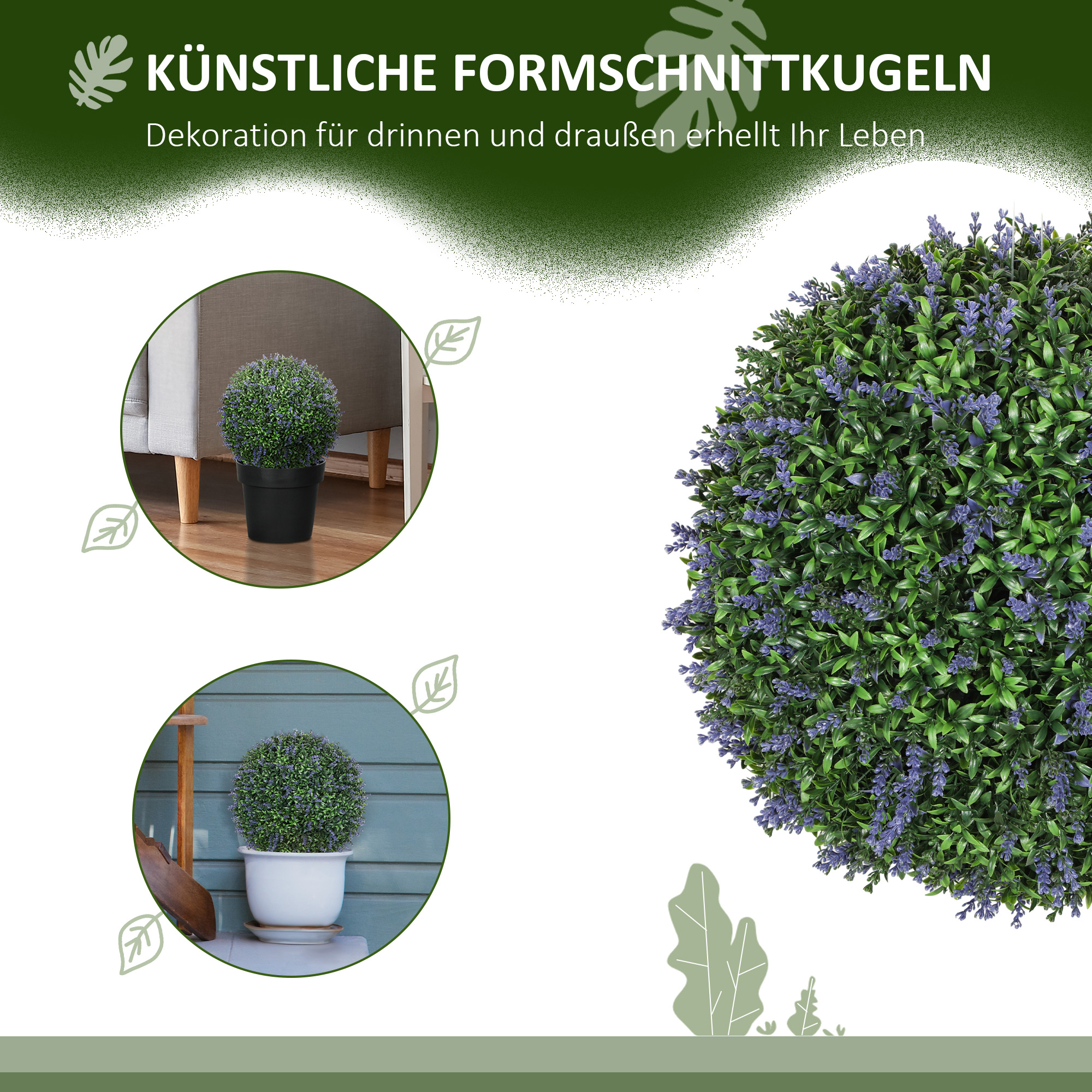 2er-Set künstliche Pflanzen in Kugelform, UV-beständig, Kunstpflanzen für Indoor- und Outdoor-Bereich, 42 cm, Grün+Lila