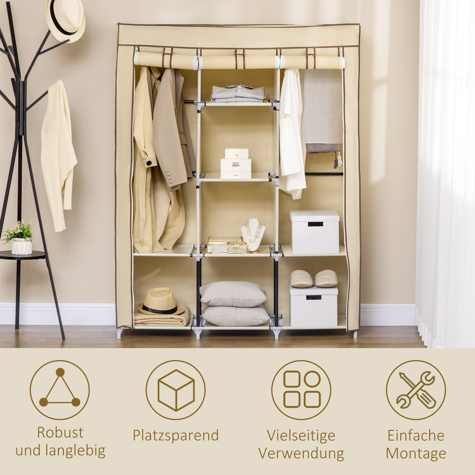 Schrank aus Stoff, Aufbewahrungslösung, 8 Regale, 2 Kleiderstangen, Beige