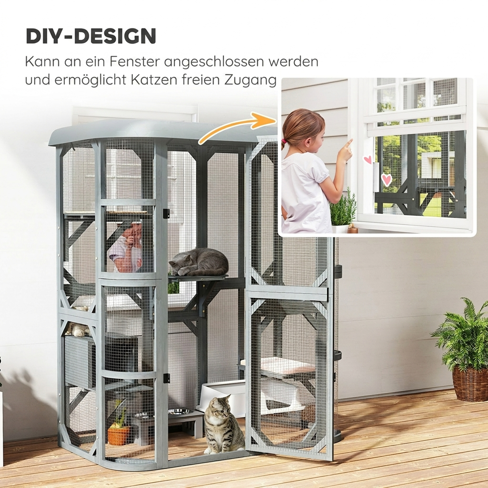 Katzengehege Outdoor begehbar Holz Katzenhaus mit 4 Plattformen wasserabweisend Oxford-Dach 2-3 Katze bis 8 kg