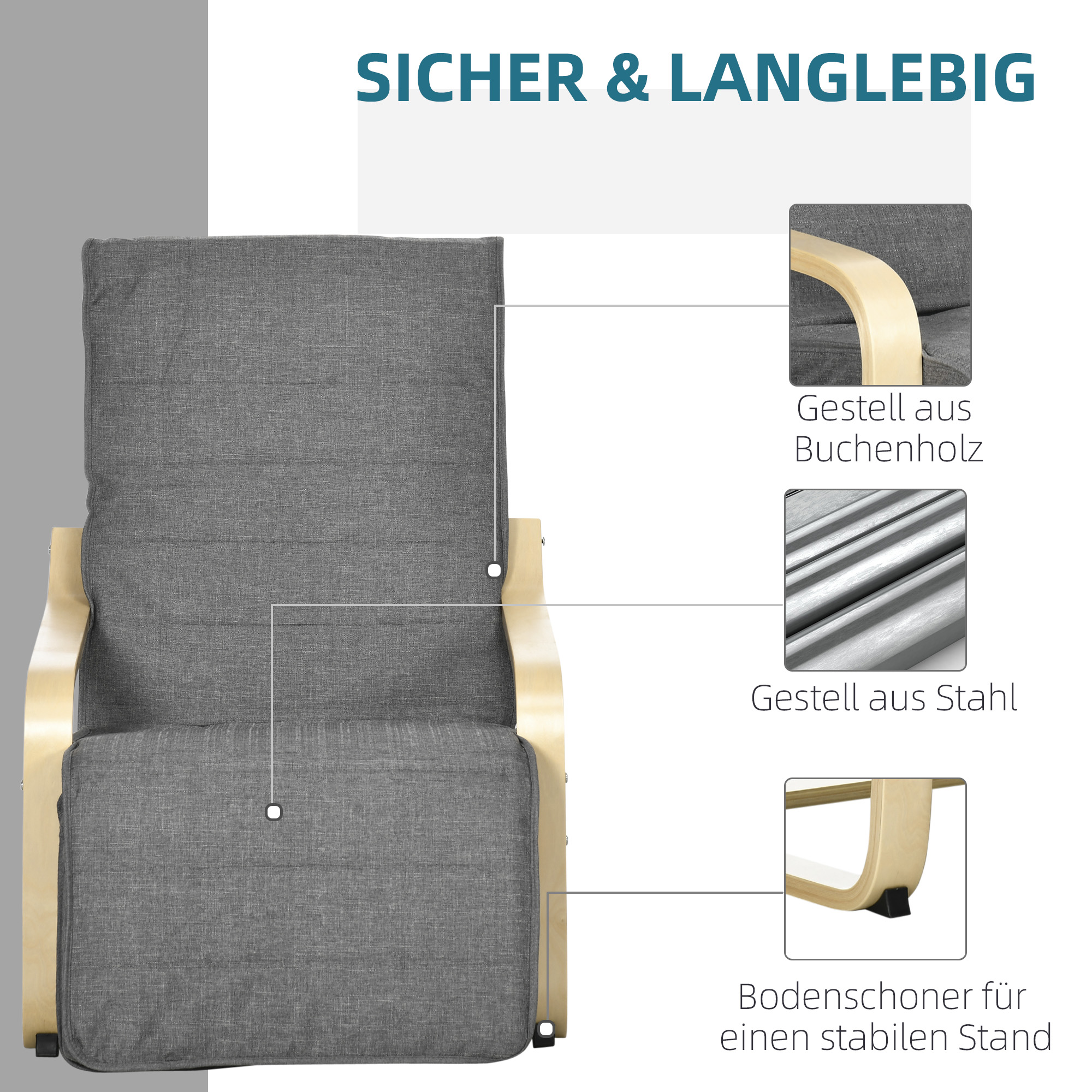 Akzentsessel, Relaxsessel mit verstellbarem Fußteil, Birkenholzrahmen, bis 120 kg, 66,5 x 94 x 100 cm, Grau