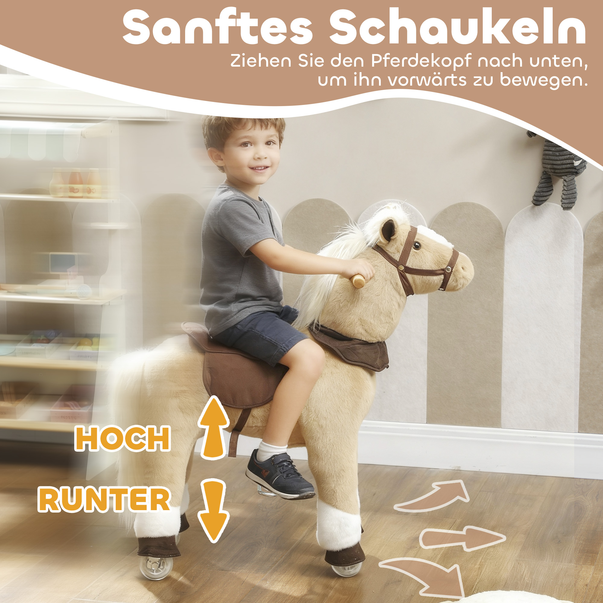 Reitpferd für Kinder, Stoffbezug, stabiler Rahmen, sanfte Räder, Schaukelpferd, 3-5 Jahre, Braun