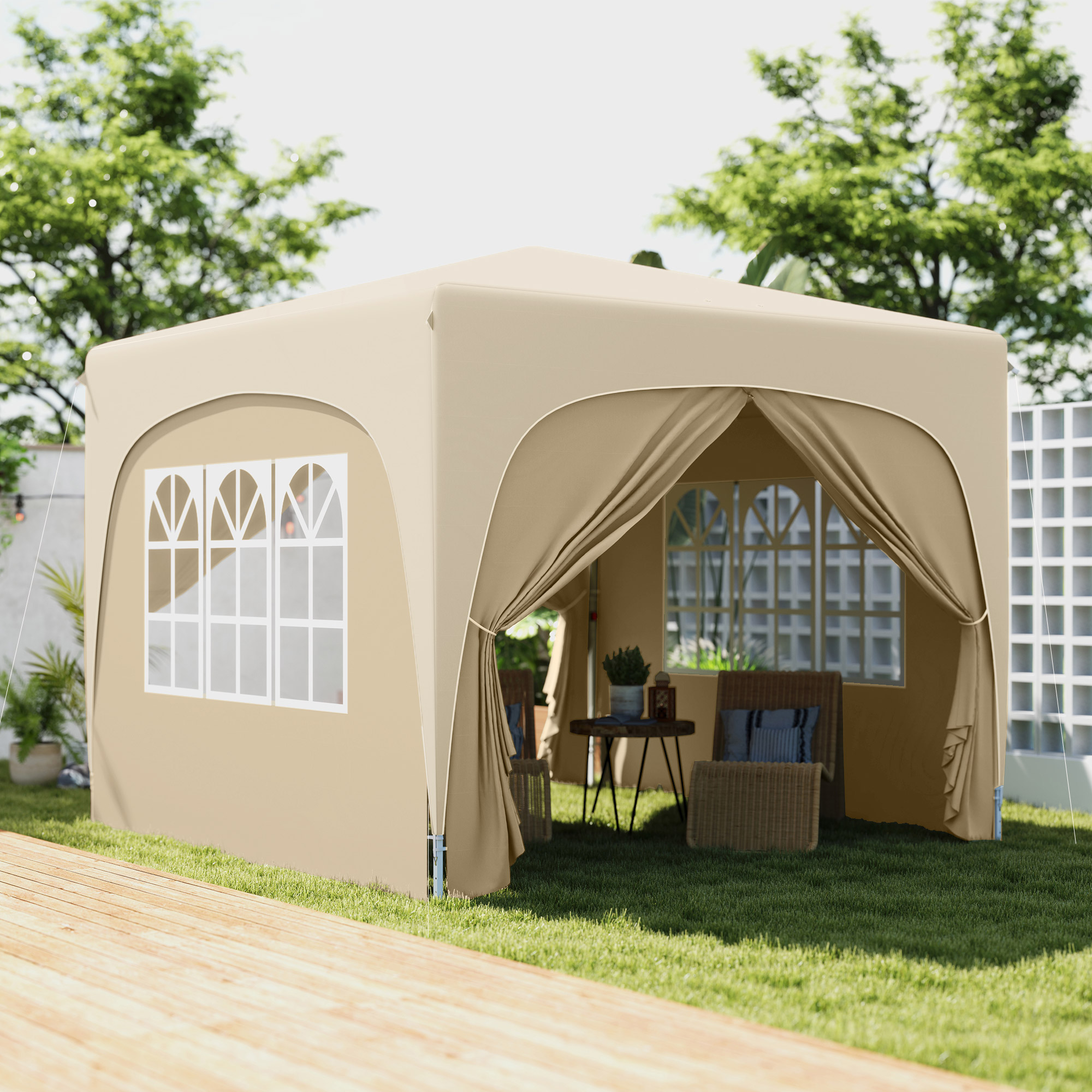 3 x 3 m Pavillon, Pop-up Gartenzelt mit Seitenwänden und Tragetasche, UPF50+, höhenverstellbar, Sand