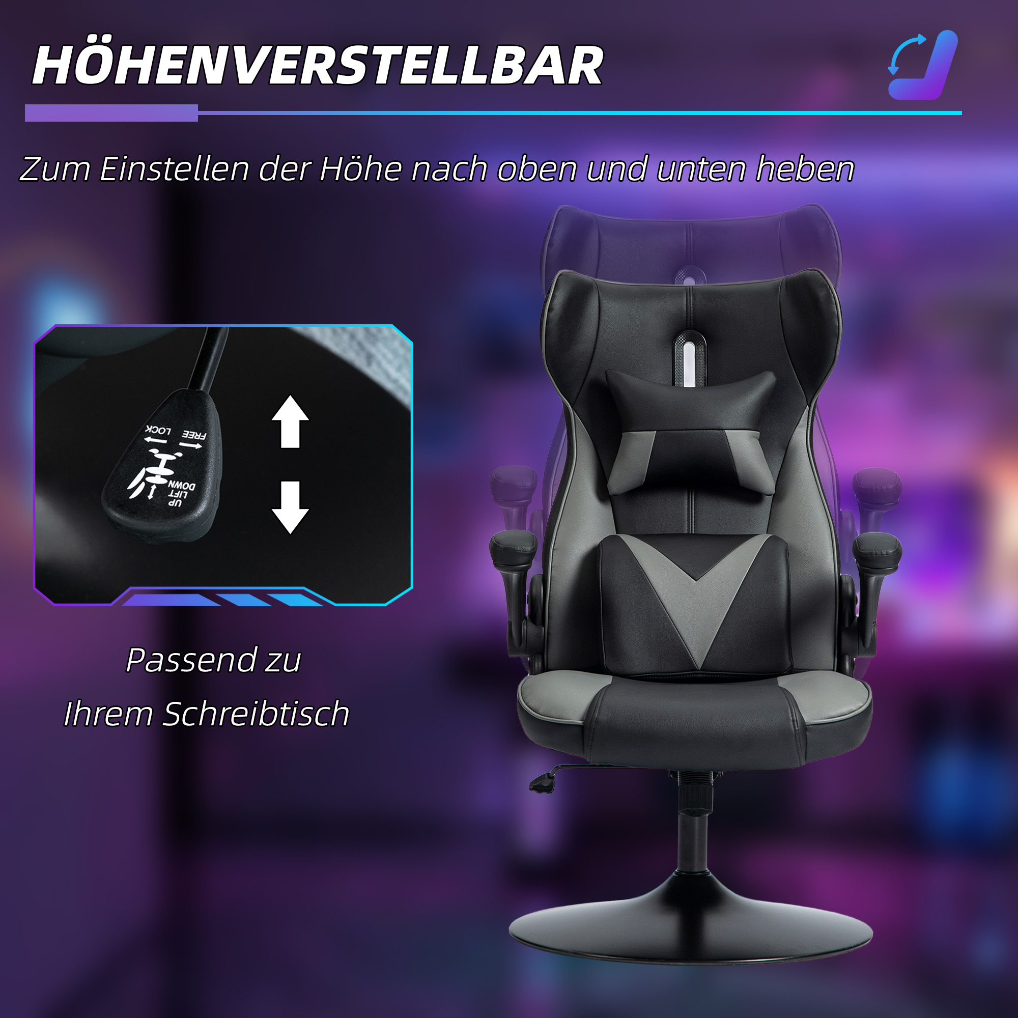 Gaming-Stuhl mit Schaukelfunktion, Drehstuhl, höhenverstellbar, gepolsterter Sitz, Metall, 67 x 71 x 112 cm, Grau