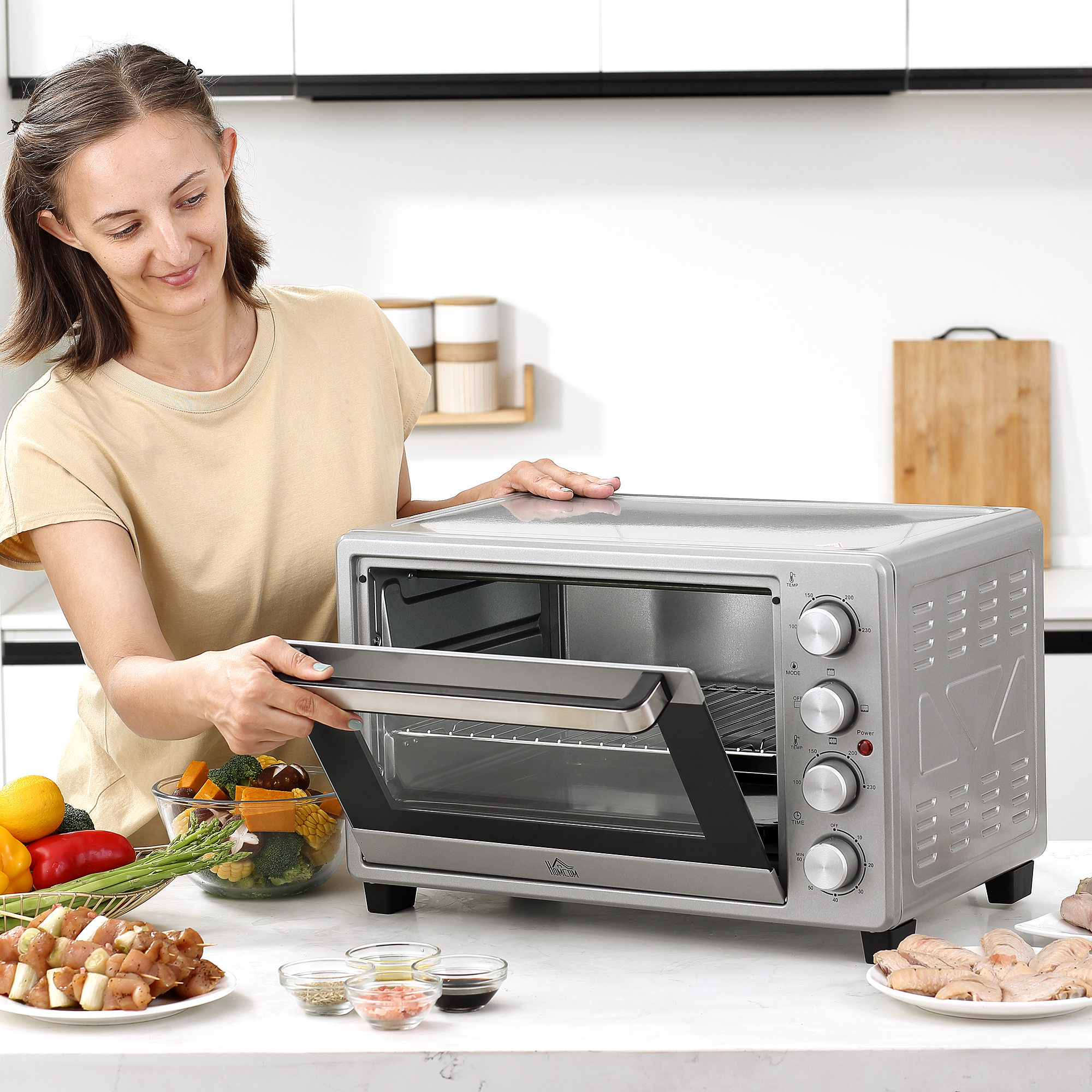 Mini Backofen 32L 100 °C-230 °C 1600 W Mini Ofen mit Backblech Krümelblech Grillrost und 3 Kochmodi Pizzaofen mit Timer Backblech-Griff Edelstahl Silber