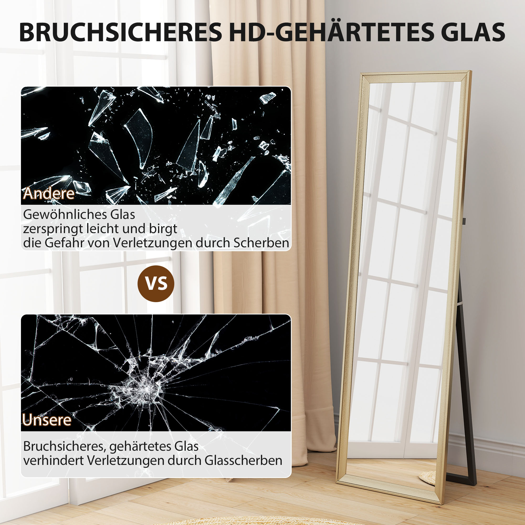 Ganzkörperspiegel, flexibel platzierbar, 160 x 50 cm, Goldton