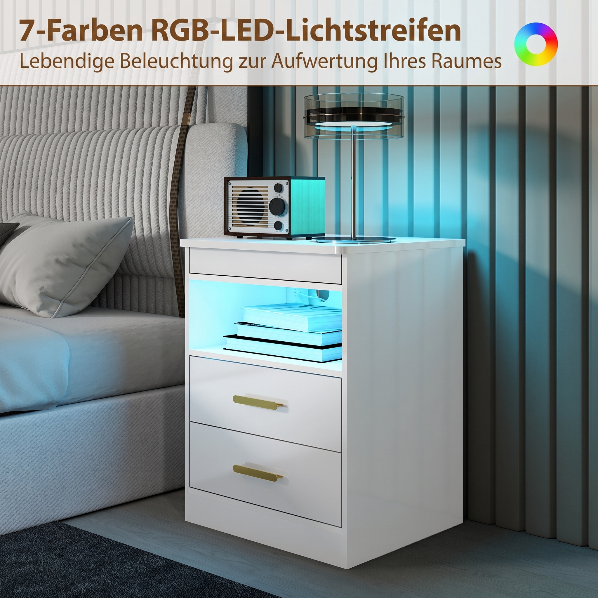 Nachttisch, Beistelltisch mit Ladestation und RGB-LED-Beleuchtung, Hochglanz Weiß