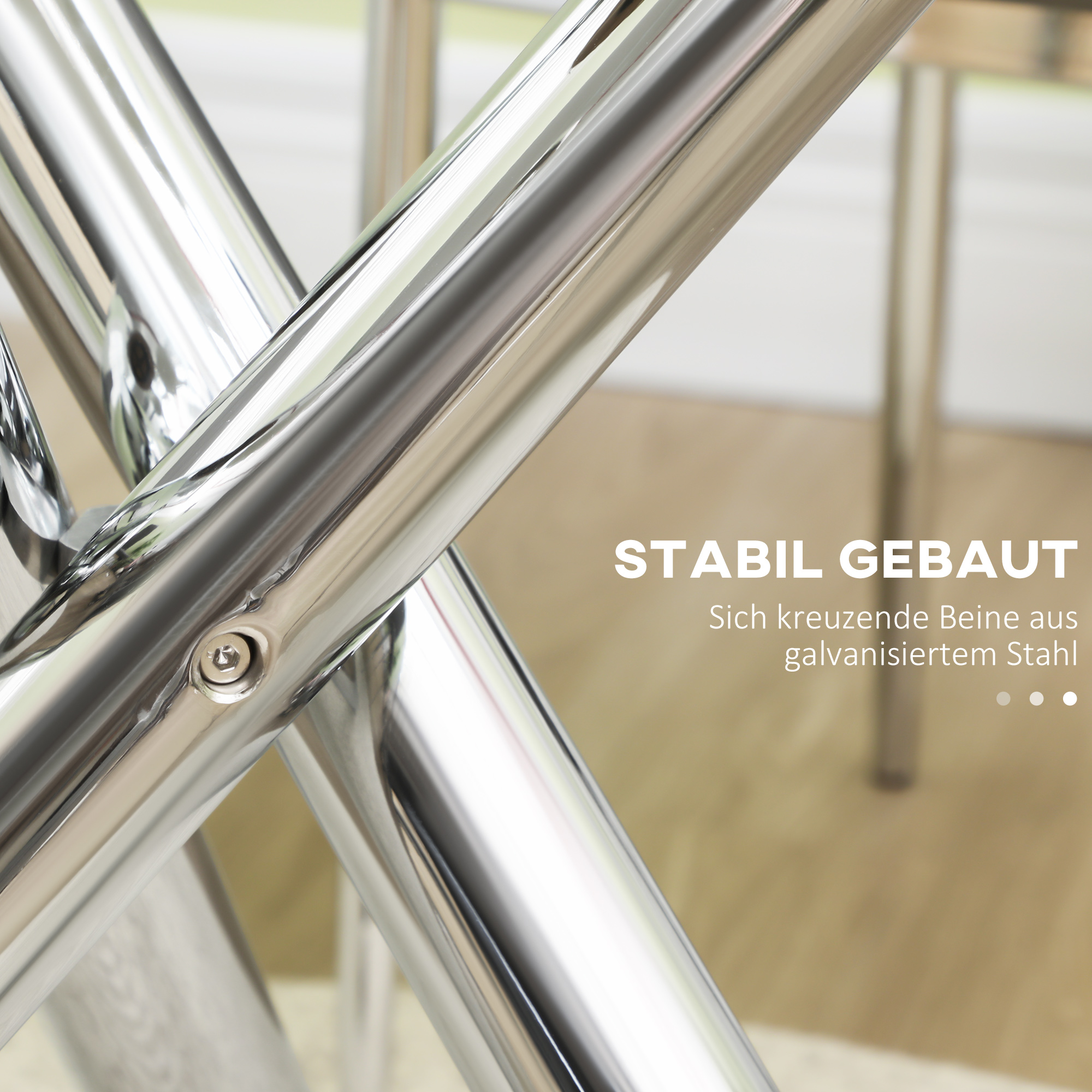 Esstisch, runde Hartglasplatte, randloses Design, für 2-4 Personen, Stahlbeine, 80 x 80 x 74 cm