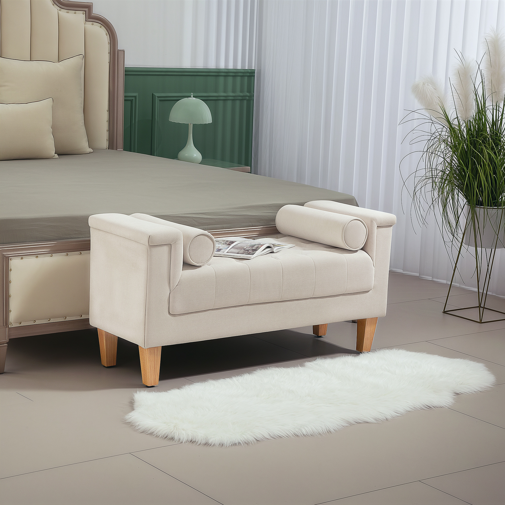 Polsterbank, Vintage-Design, 2 Kissen, Chenillebezug, 115 x 44 x 58 cm, Beige