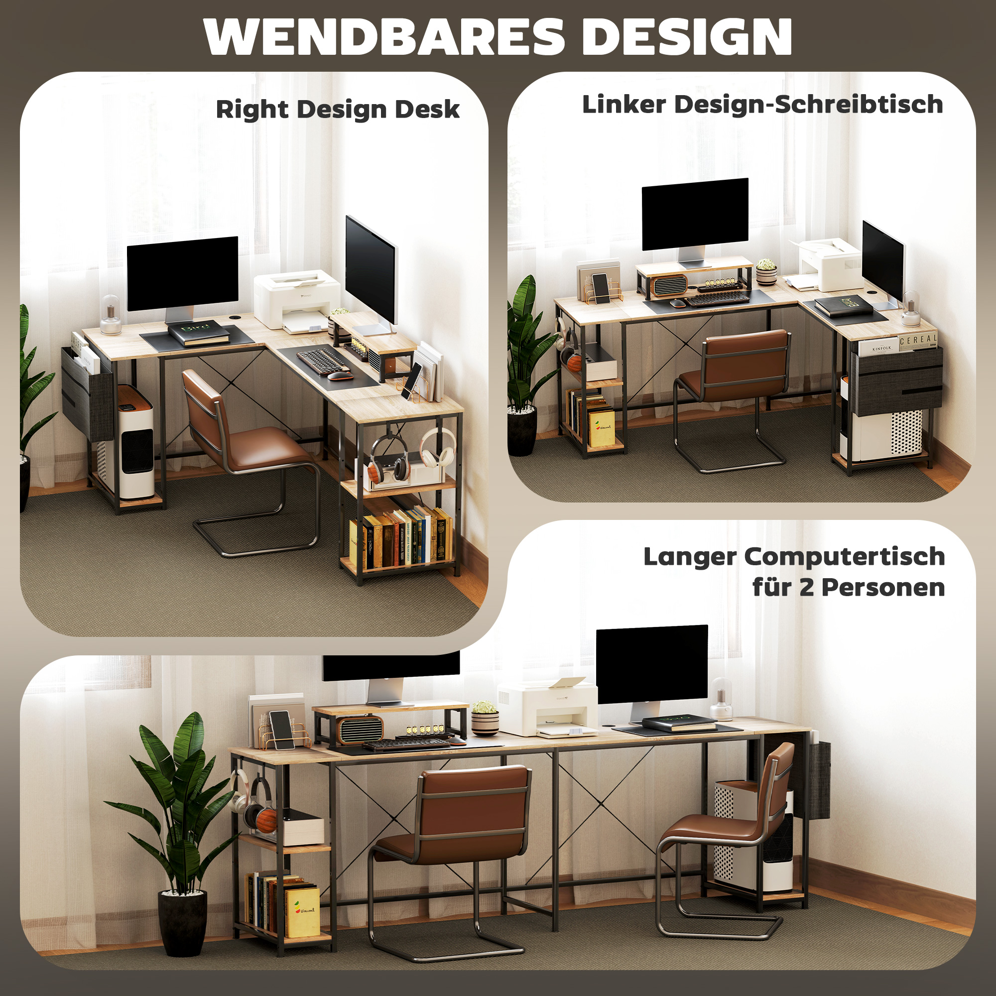 L-förmiger Schreibtisch, Vielseitiger Bürotisch mit einstellbaren Regalen und Aufbewahrungstasche, Monitorständer, Natur