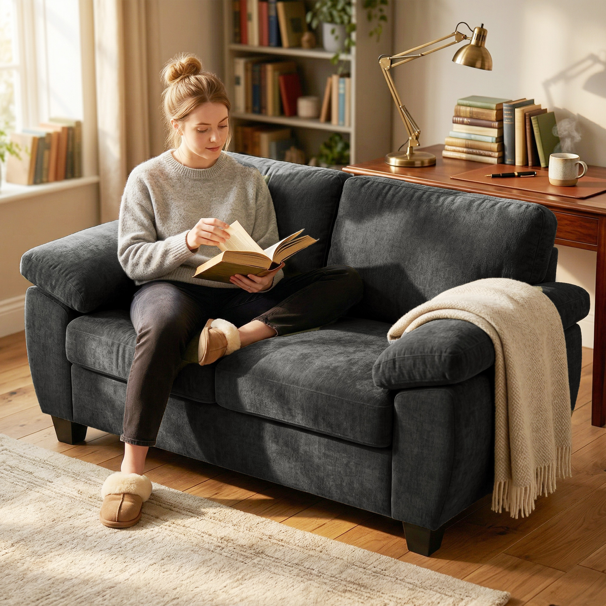 2-Sitzer-Sofa, 156 cm Chenille-Sofa mit dicken Federkernpolstern, breiten gepolsterten Armlehnen, 300 kg Tragkraft, Dunkelgrau