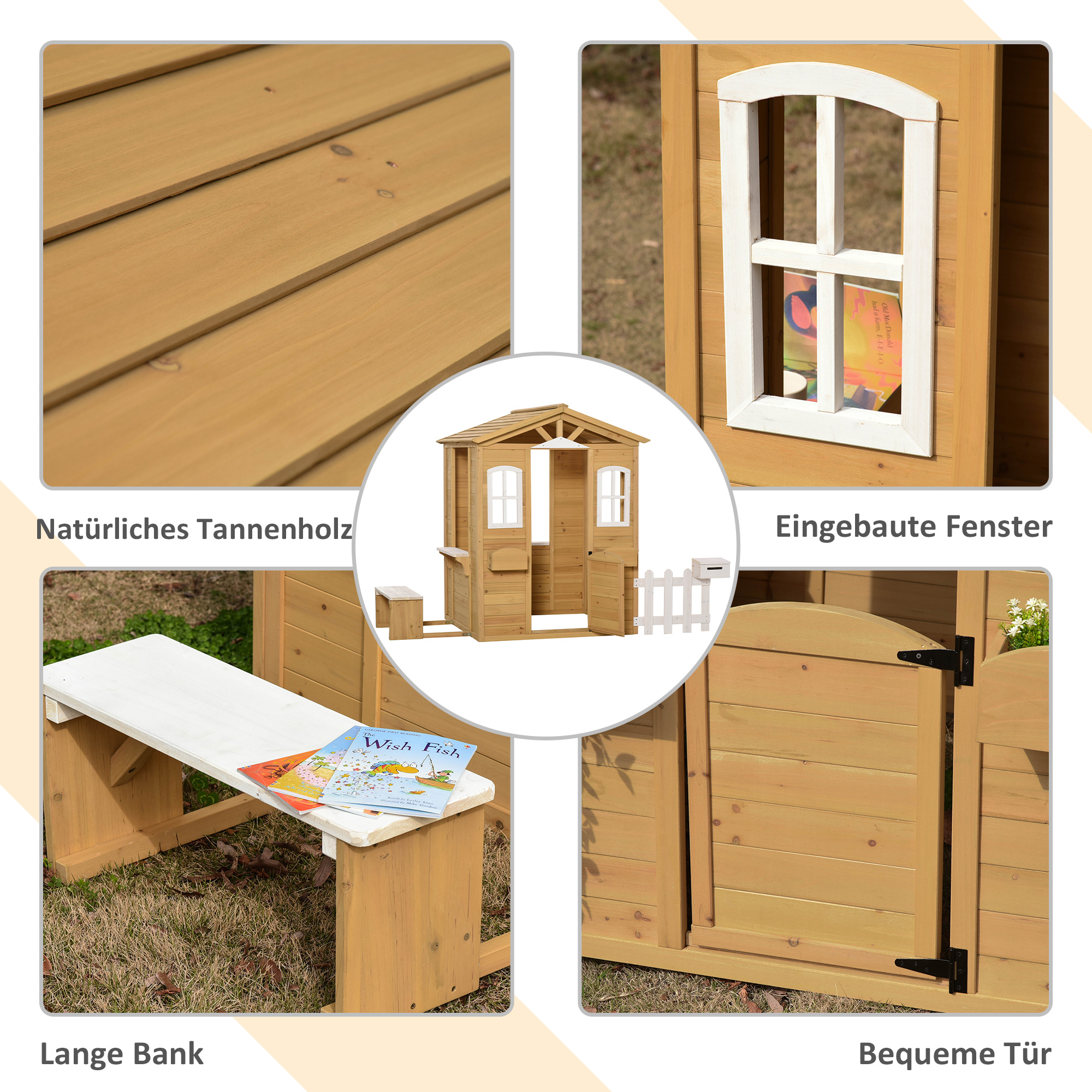 Kinderspielhaus aus Holz Spielhaus Outdoor mit Tür, Fenster und Pflanzkasten Briefkasten Bank für Kinder 3-6 Jahre