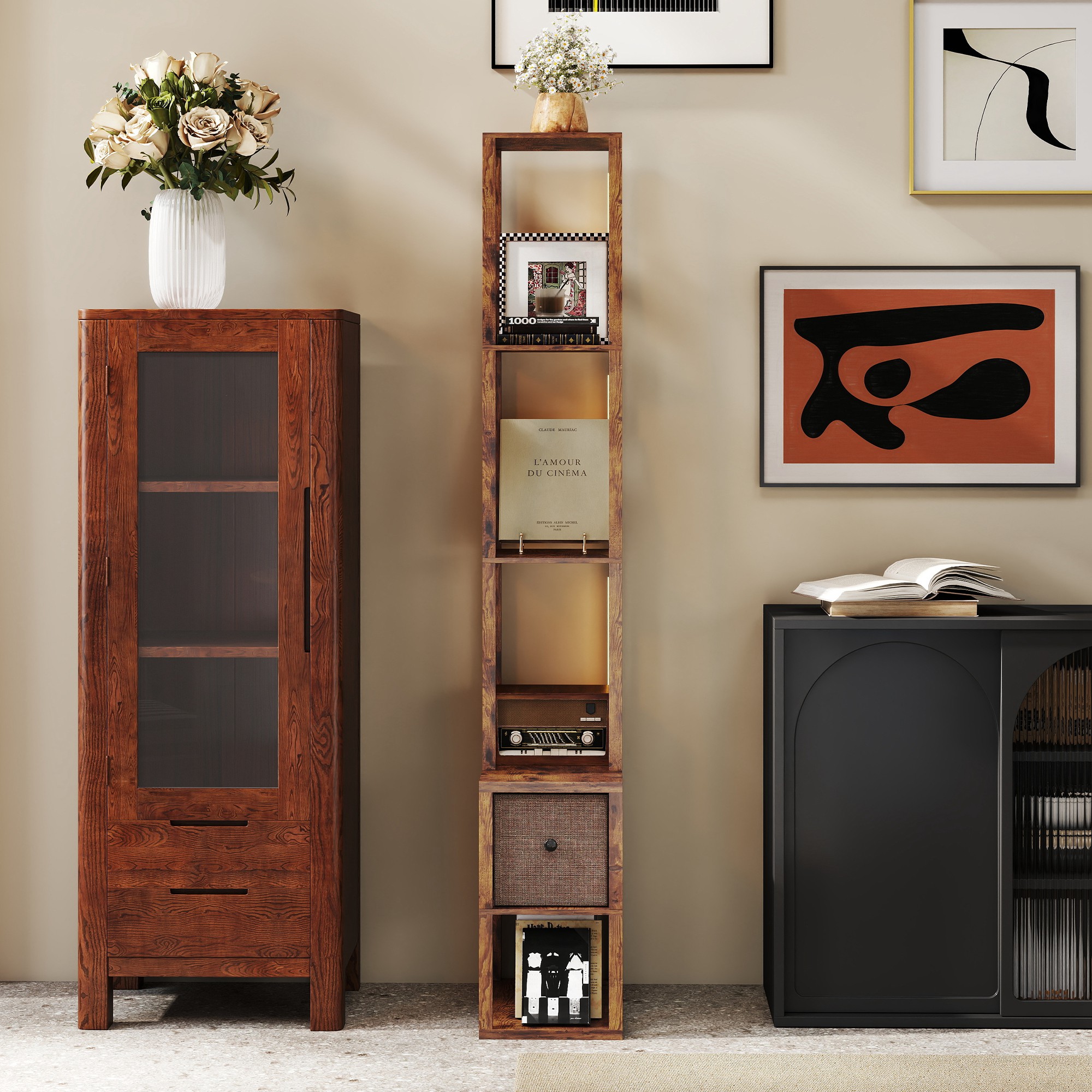 LED-Stehlampe mit Regalen, einstellbare Helligkeit, Fußschalter für Schlafzimmer, Rustikales Braun