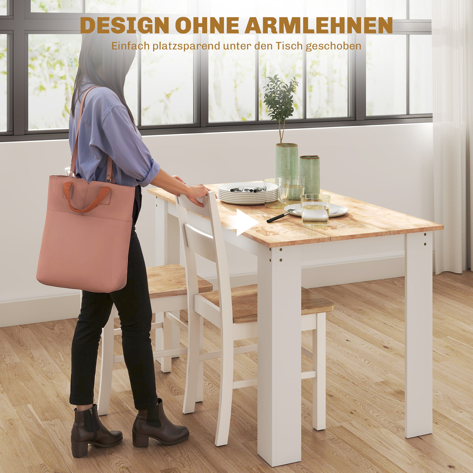 2er-Set Küchenstühle, Kautschukholz, gebogene Sprossenlehne, Weiß