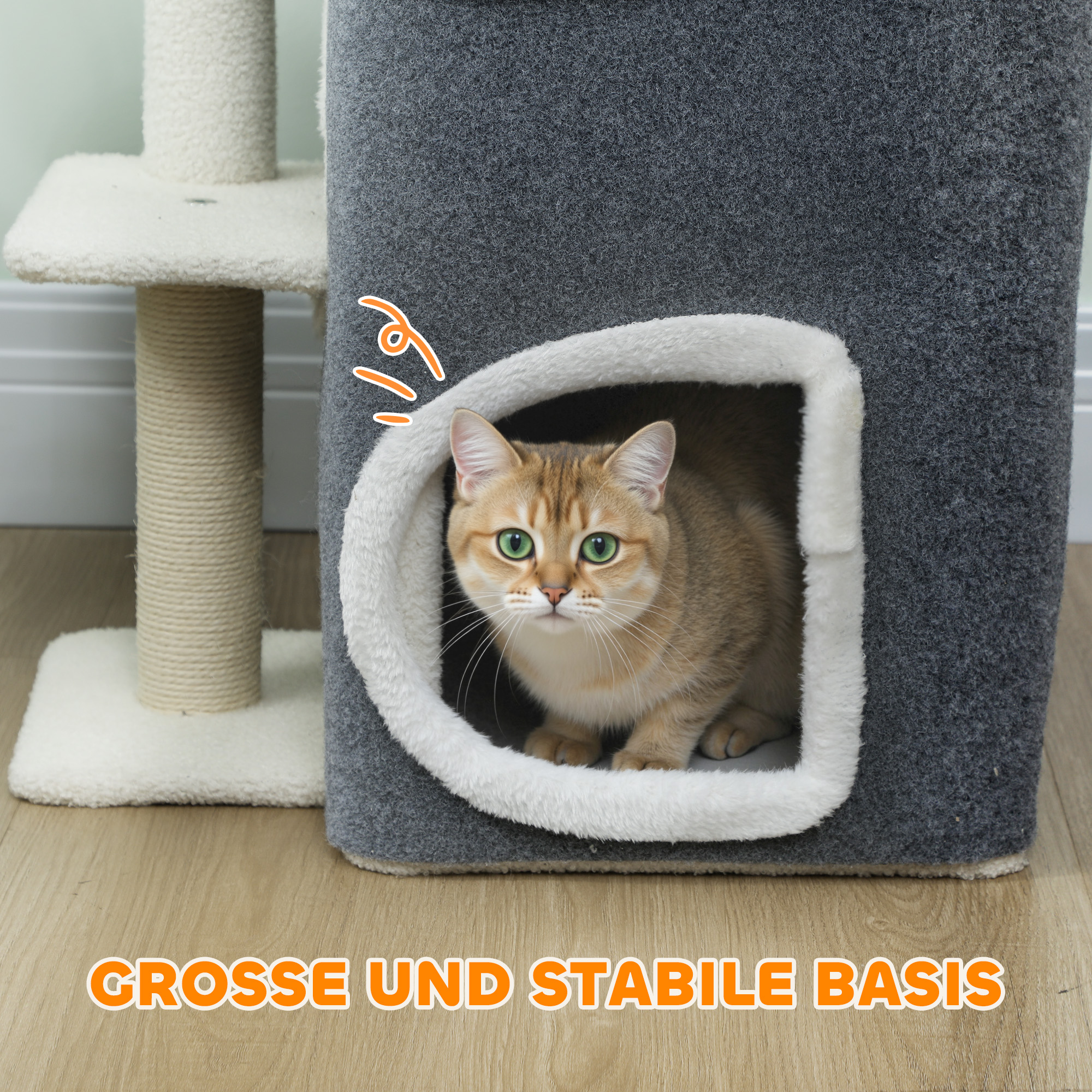 Katzenkratzbaum, Top-Liegefläche, 2-stöckiges Haus, Sisalpfosten, Grau