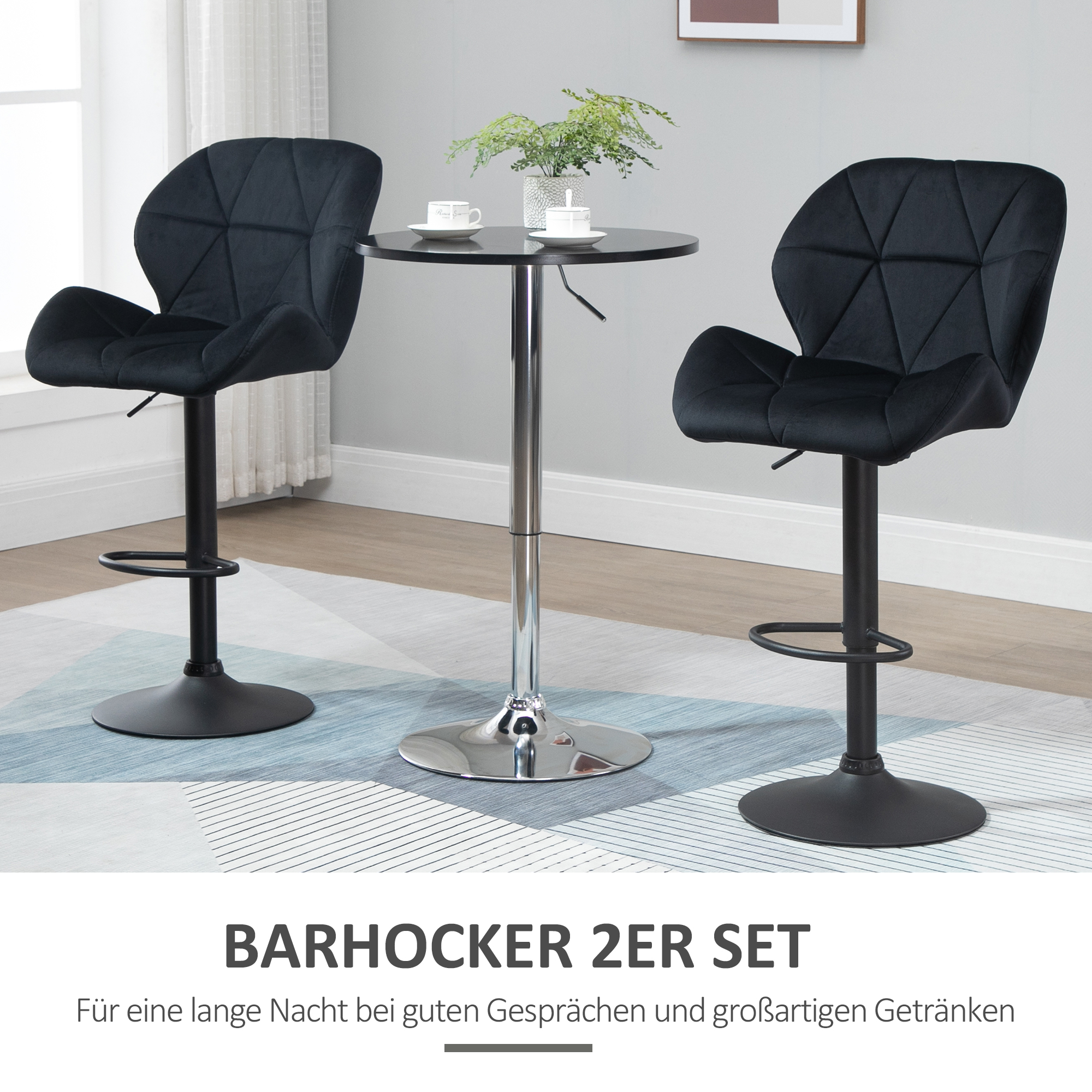 2er-Set Barhocker drehbare Barstühle mit Lehne höhenverstellbarer Bistrohocker Tresenhocker Samt Touch armloser Schaumstoff Schwarz 51,5x 57,5 x 93-114,5 cm