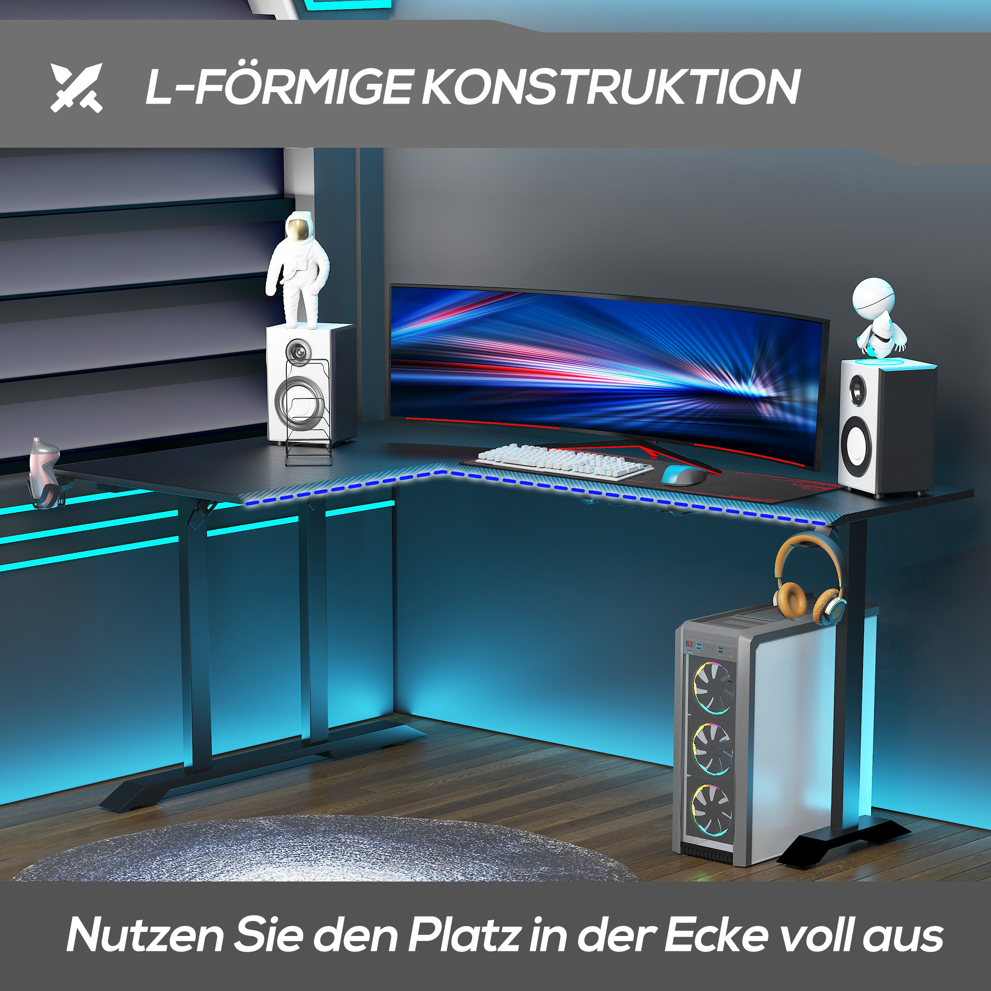 Gaming Tisch Schreibtisch L-förmige mit Kopfhörerhaken Getränkehalterung Computertisch MDF Metall Schwarz+Rot 168 x 109 x 78 cm