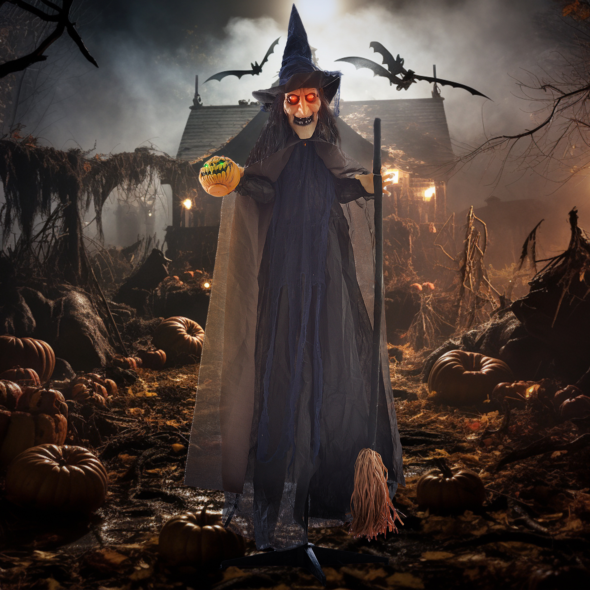Halloweendekoration Hexe mit Besen, leuchtende Augen, gruselige Geräusche, biegsame Arme, 107x65x190 cm