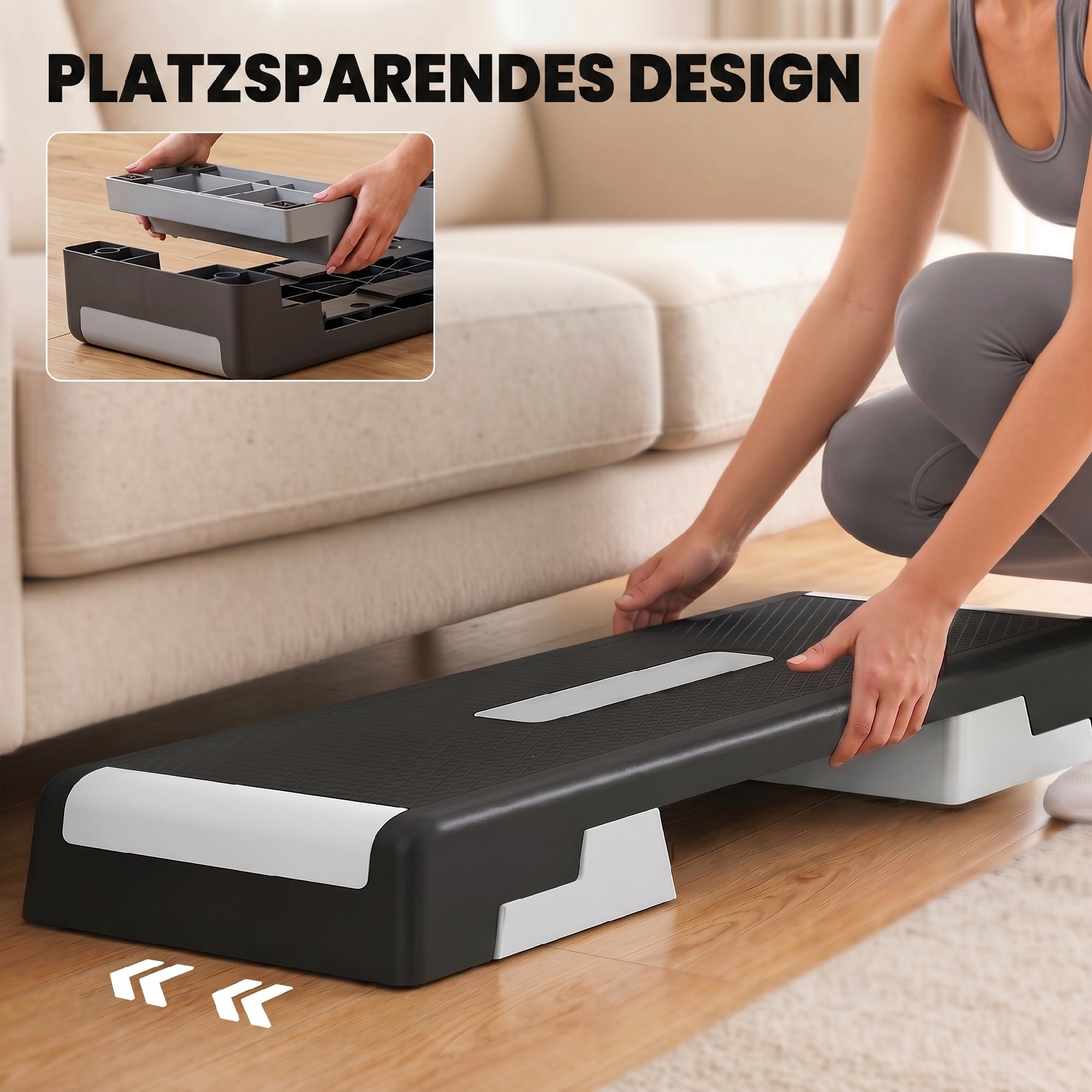 Steppbrett höhenverstellbar Fitness Aerobic Stepper mit 3 Stufen (15/20/25 cm), Anti-Rutsch-Matte Schwarz+Grau