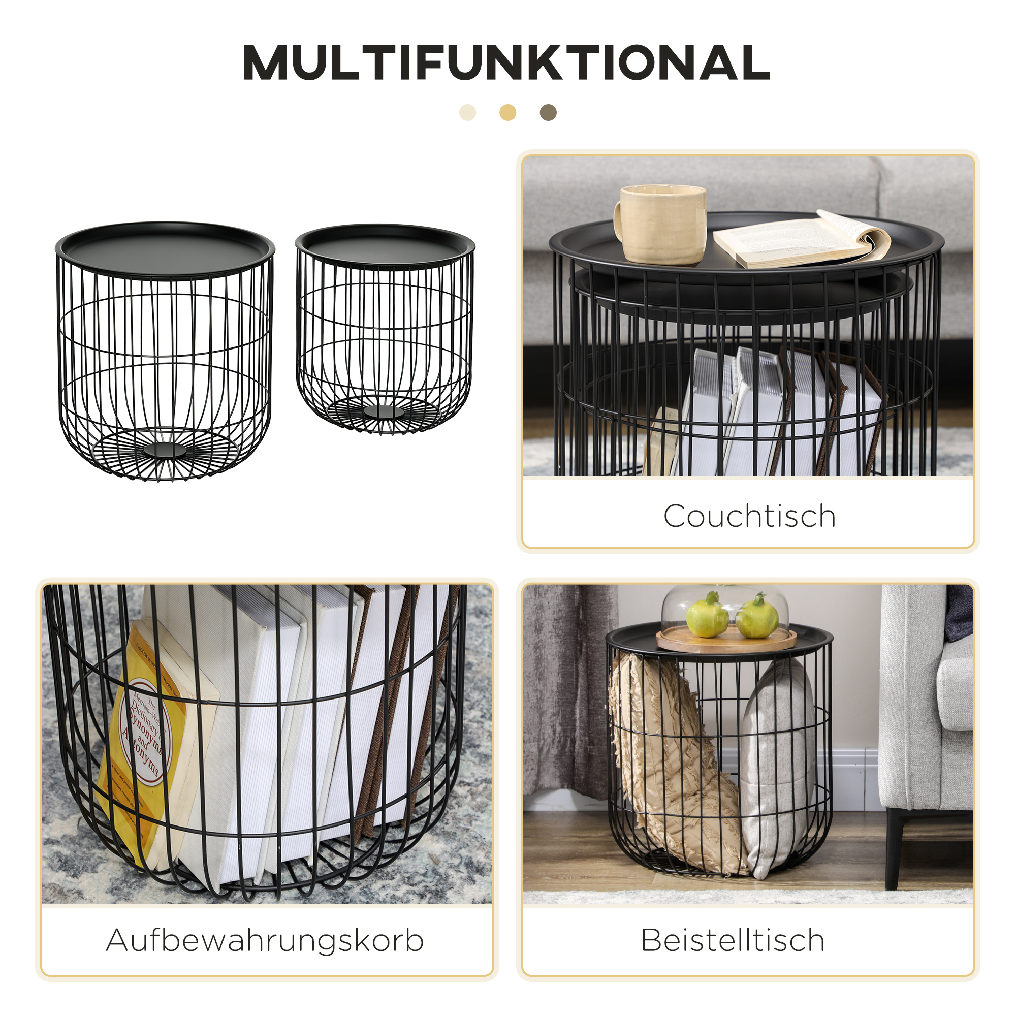 2er-Set Beistelltische im Skandidesign, mit Stauraum, stapelbar, Schwarz