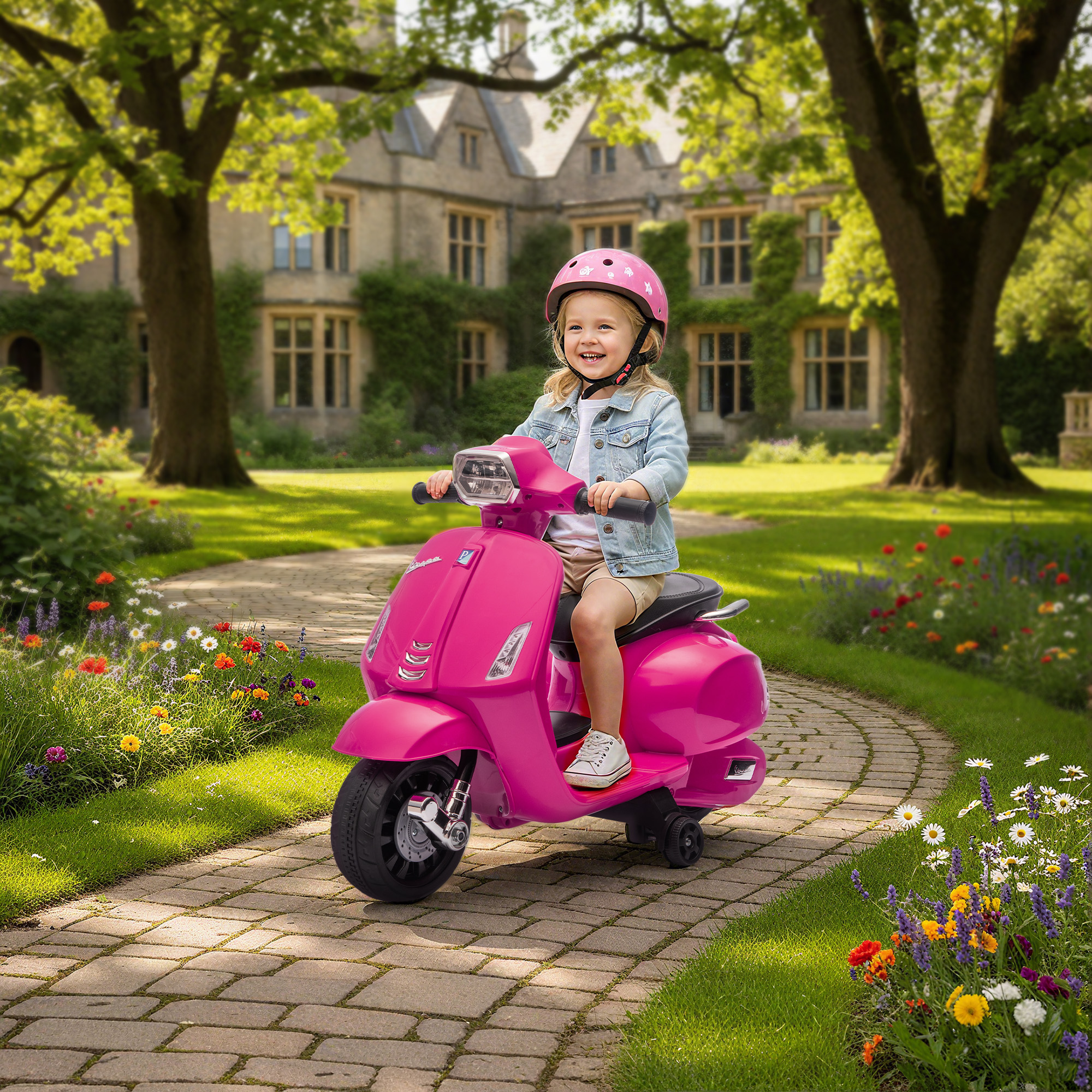 Elektro-Motorrad Kinder Vespa 6V Elektromotorrad mit Stützrädern, Scheinwerfer, Hupe für 2-6 Jahre 71 x 37 x 52 cm Rosa