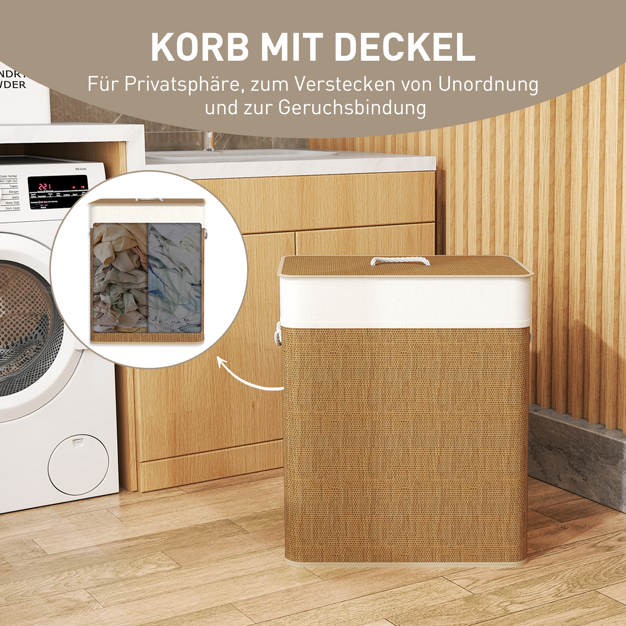 Bambus Wäschekorb mit Deckel 2 Fächer 100 L Wäschesammler mit Seilgriffen, herausnehmbarer Wäschesack