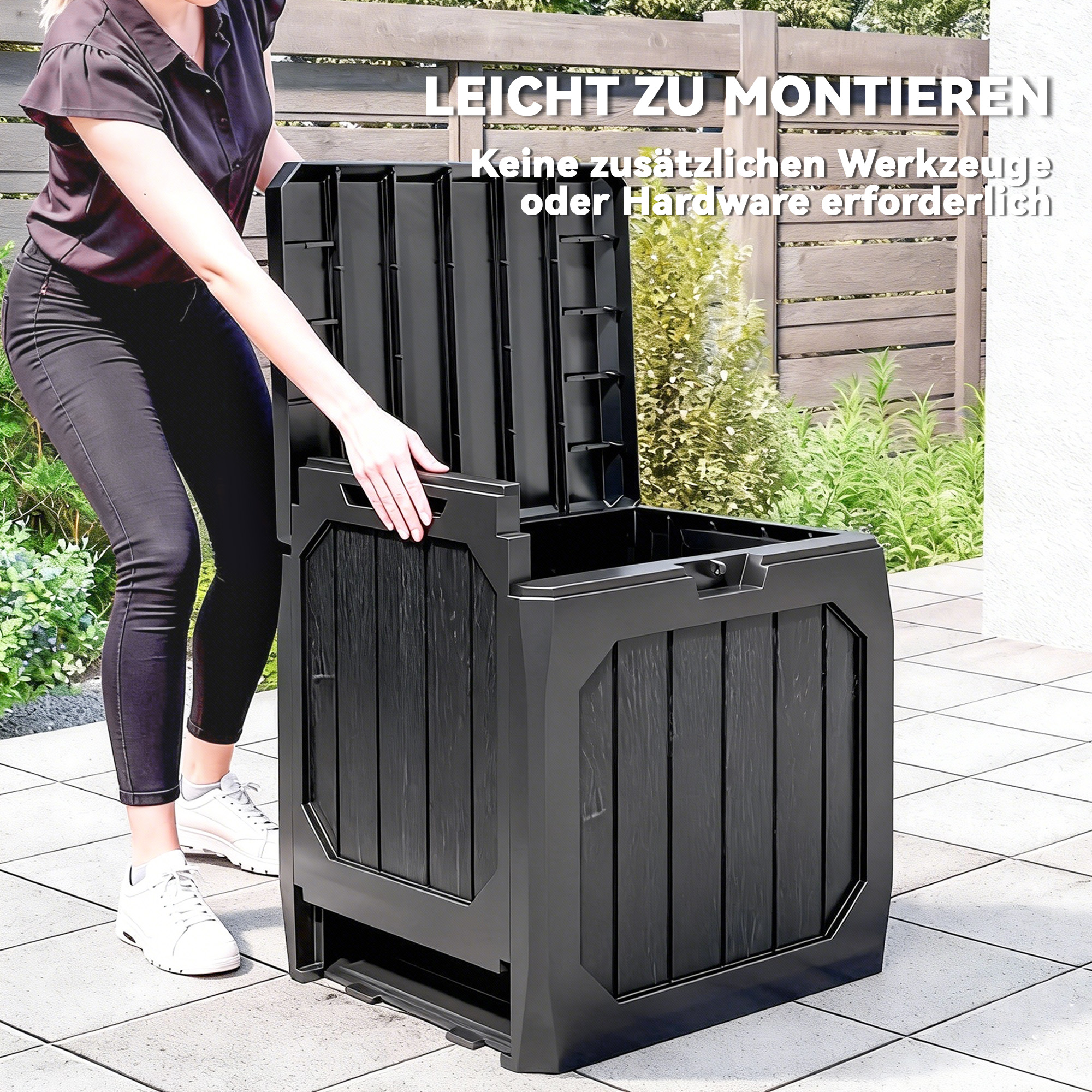 121L Kunststoff Garten-Aufbewahrungsbox, Outdoor-Aufbewahrungsbox mit Griffen, Schwarz