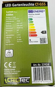 LED Gartenleuchte "CT-GS5" 5W, IP44 / 230V, 1,5m Kabel+Erdspieß, warmweiß