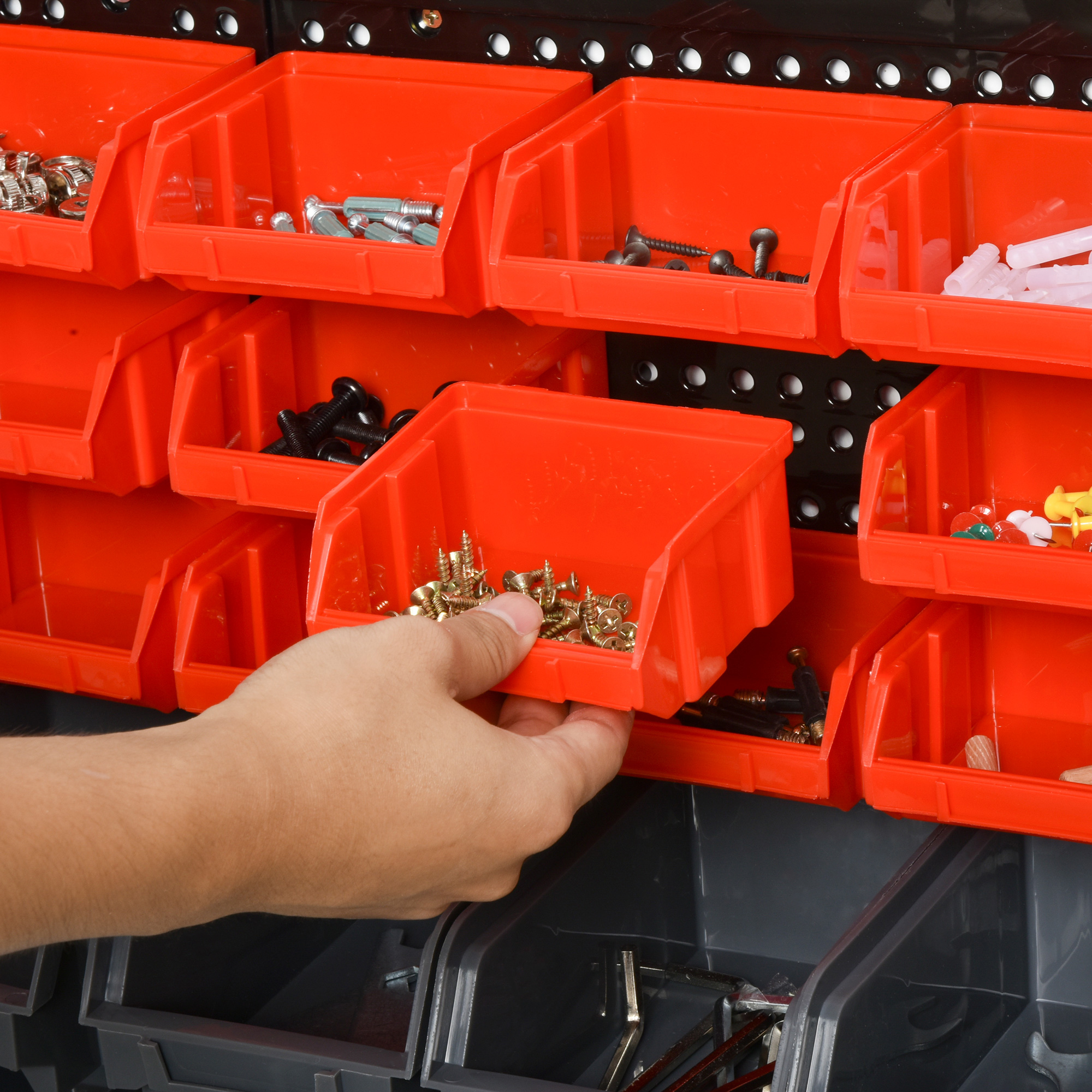 Aufbewahrungs-System Wandregal mit Stapelboxen, 30 Boxen, 2 Lochplatten, 37,5 cm x 18 cm x 63 cm, Rot + Grau+ Schwarz