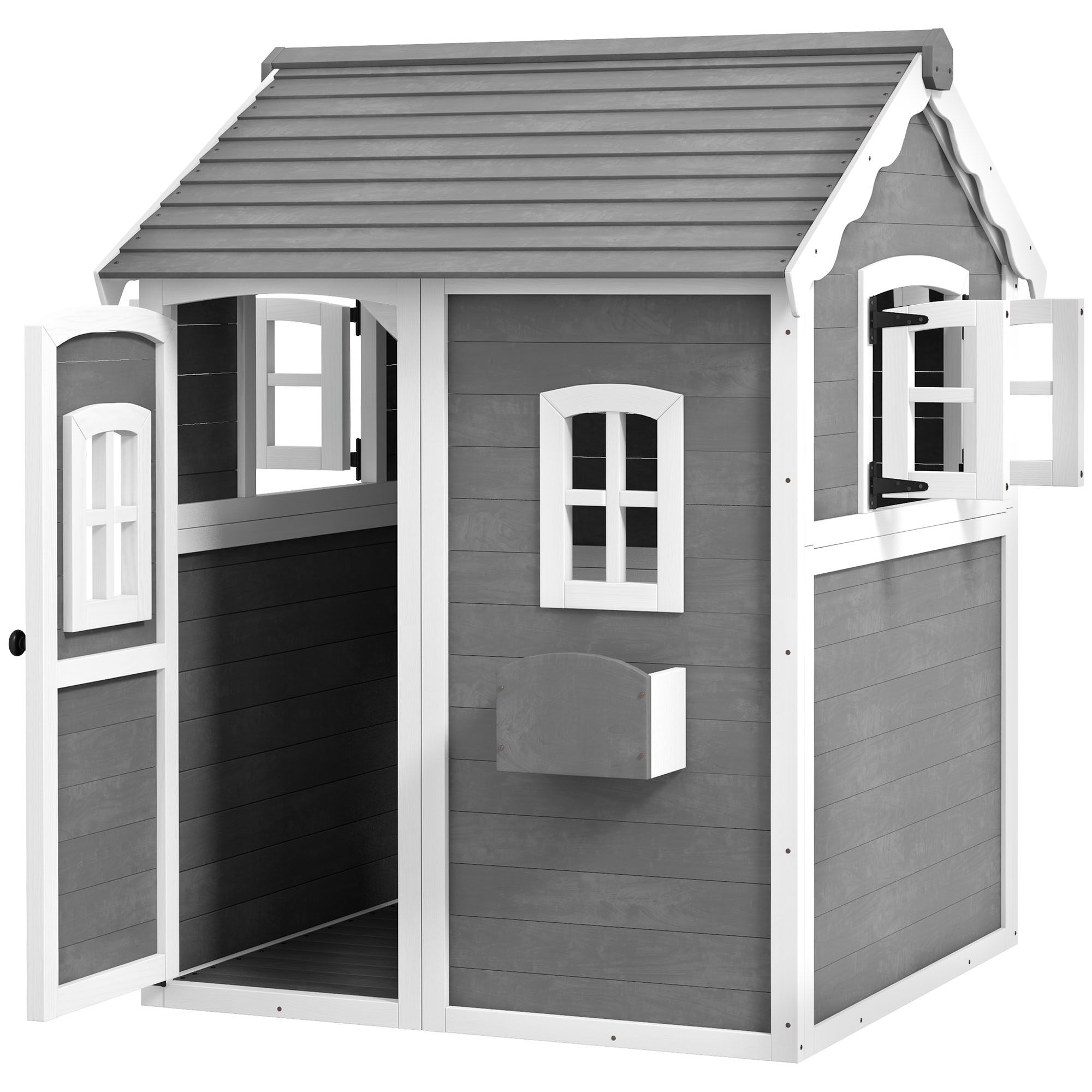 Spielhaus für Kinder, Indoor- und Outdoor-Haus mit Tür, Fenstern und Pflanzkasten, Tannenholz, Grau