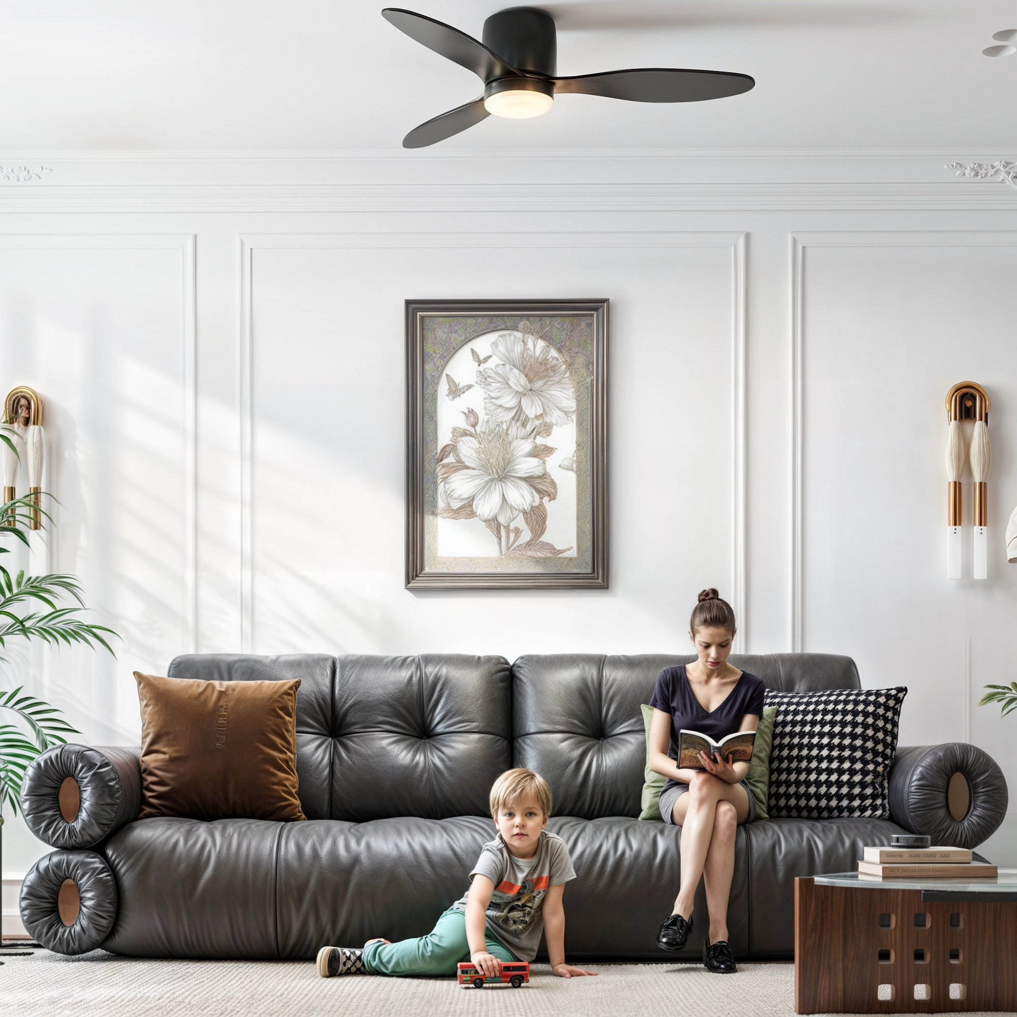 Deckenventilator mit Lampe und Fernbedienung, 3 Lichtfarben, 6 Geschwindigkeiten, Einstellbare Helligkeit, Schwarz