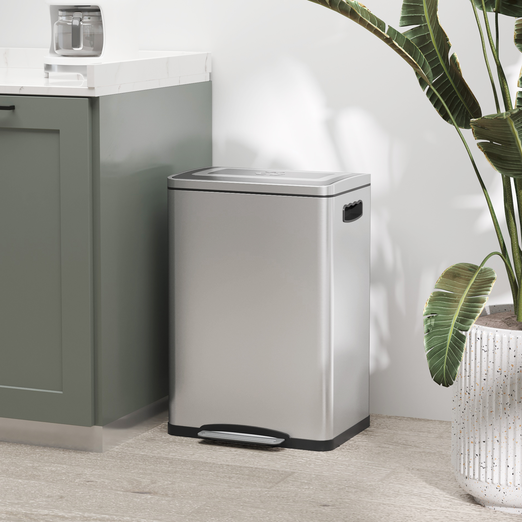 Mülleimer, Abfalleimer mit Deckel und Fußpedal, Edelstahl, 2x 20 Liter-Fächer, Silber