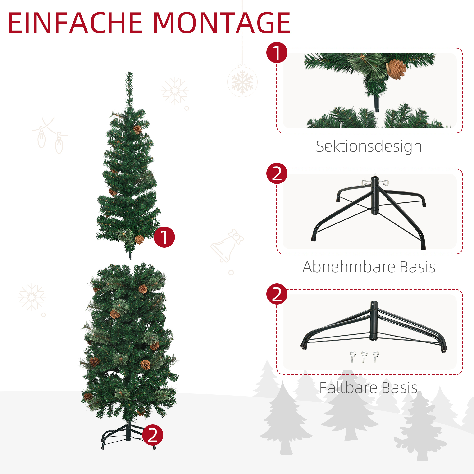 Künstlicher Weihnachtsbaum, schlank, Tannenzapfen, flammenhemmend, 46 x 165 cm, Grün